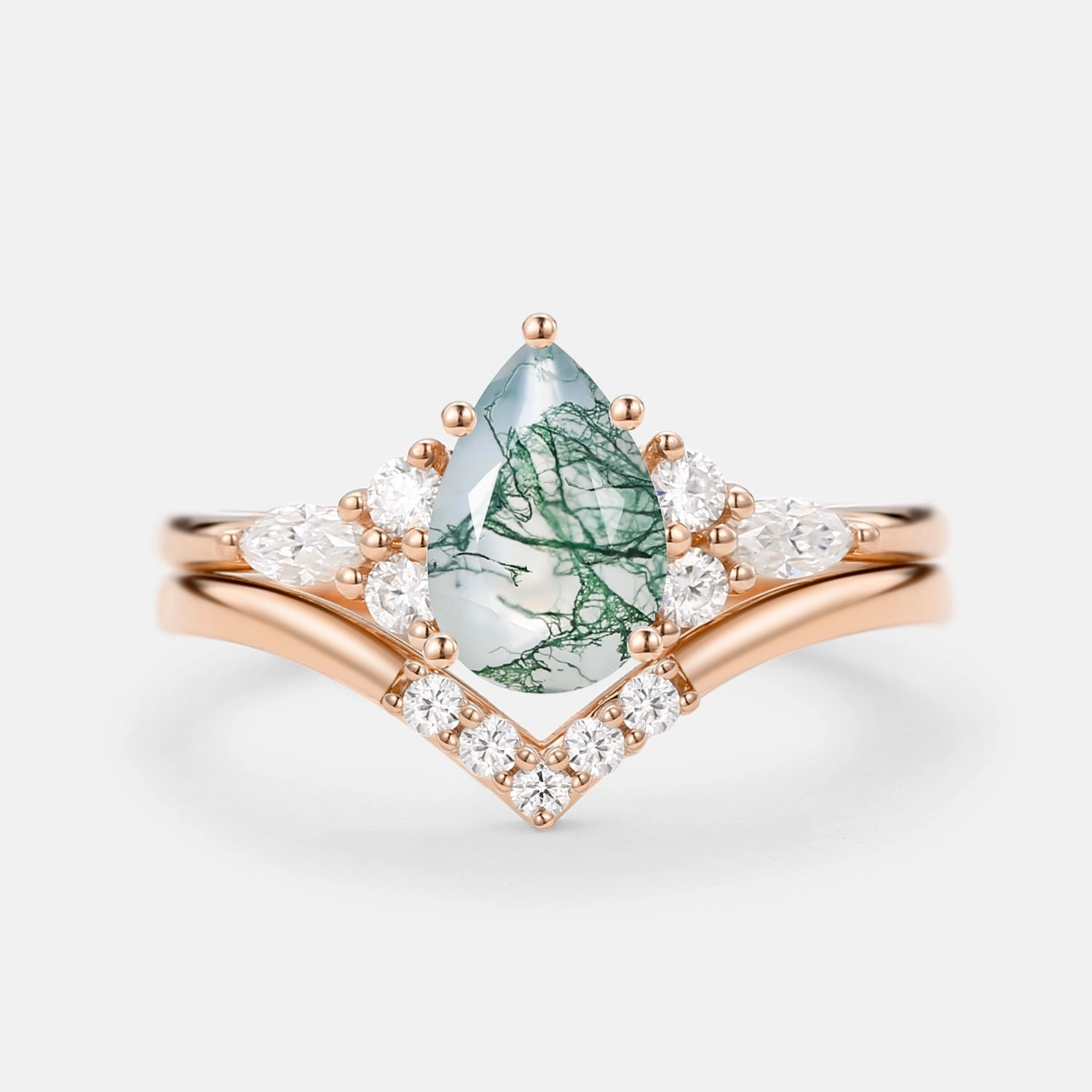 Glistening Look Exclusive Finish Pear Cut Moss Agate Cluster Ring Set 2pcs - Sienna