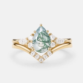 Date Look Radiant Accent Pear Cut Moss Agate Cluster Ring Set 2pcs - Sienna