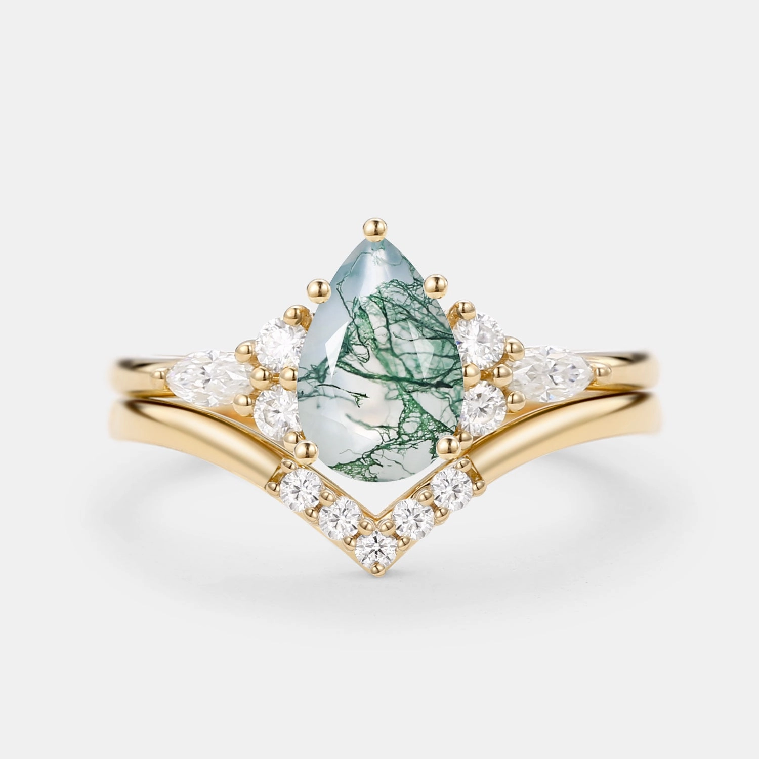 Date Look Radiant Accent Pear Cut Moss Agate Cluster Ring Set 2pcs - Sienna