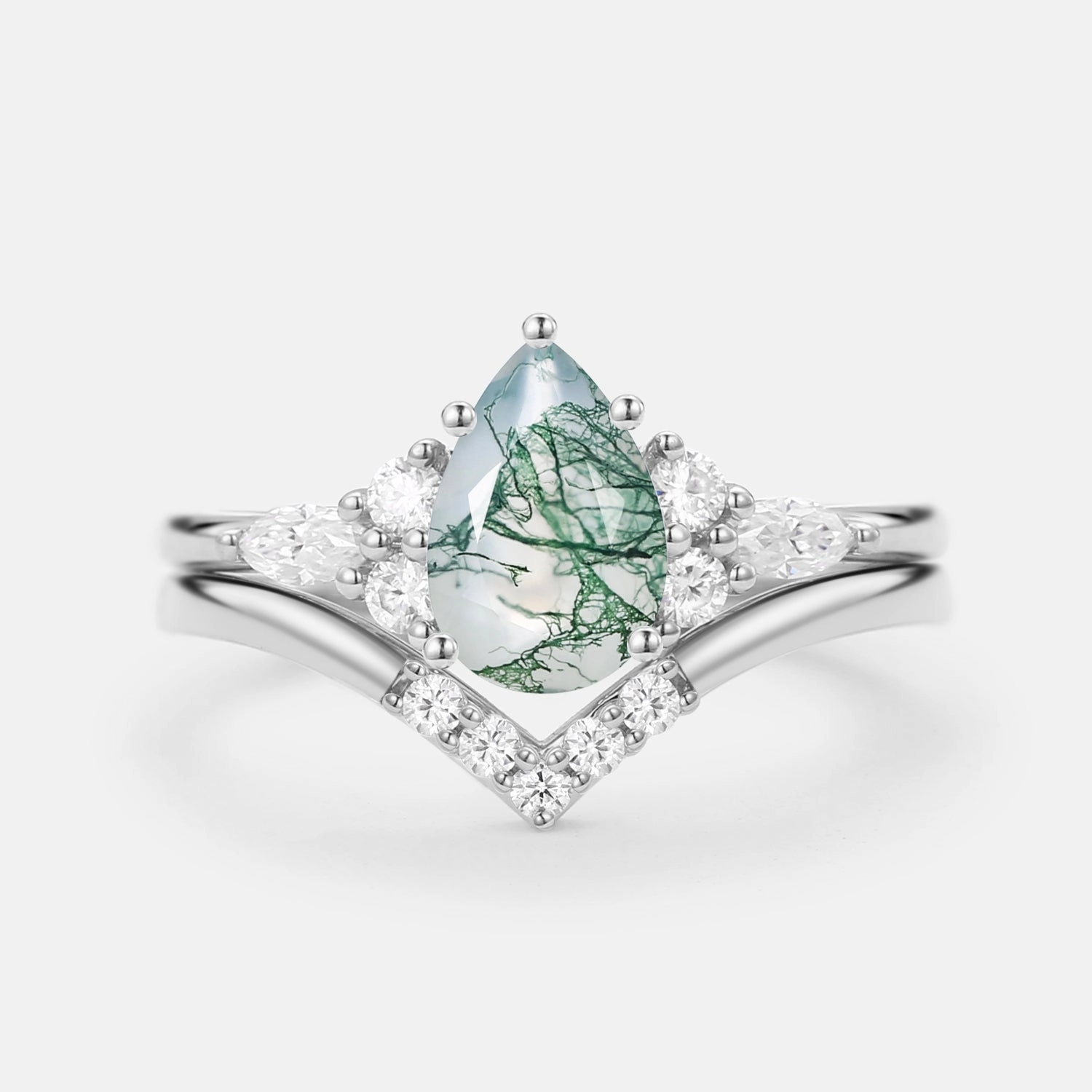 His Present Layering Touch Pear Cut Moss Agate Cluster Ring Set 2pcs - Sienna