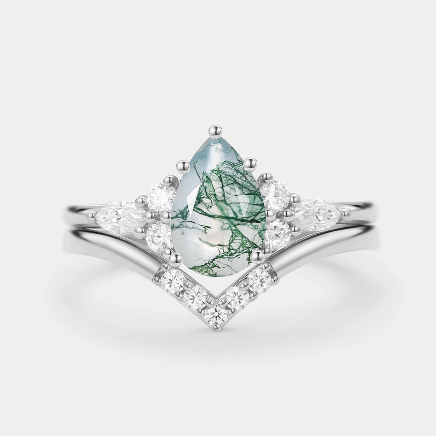 Pear Cut Moss Agate Cluster Ring Set 2pcs - Sienna Travel Style Statement Look