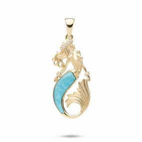 Zoom Focus Sealife Mermaid Turquoise Pendant in Gold with Diamonds - 30mm