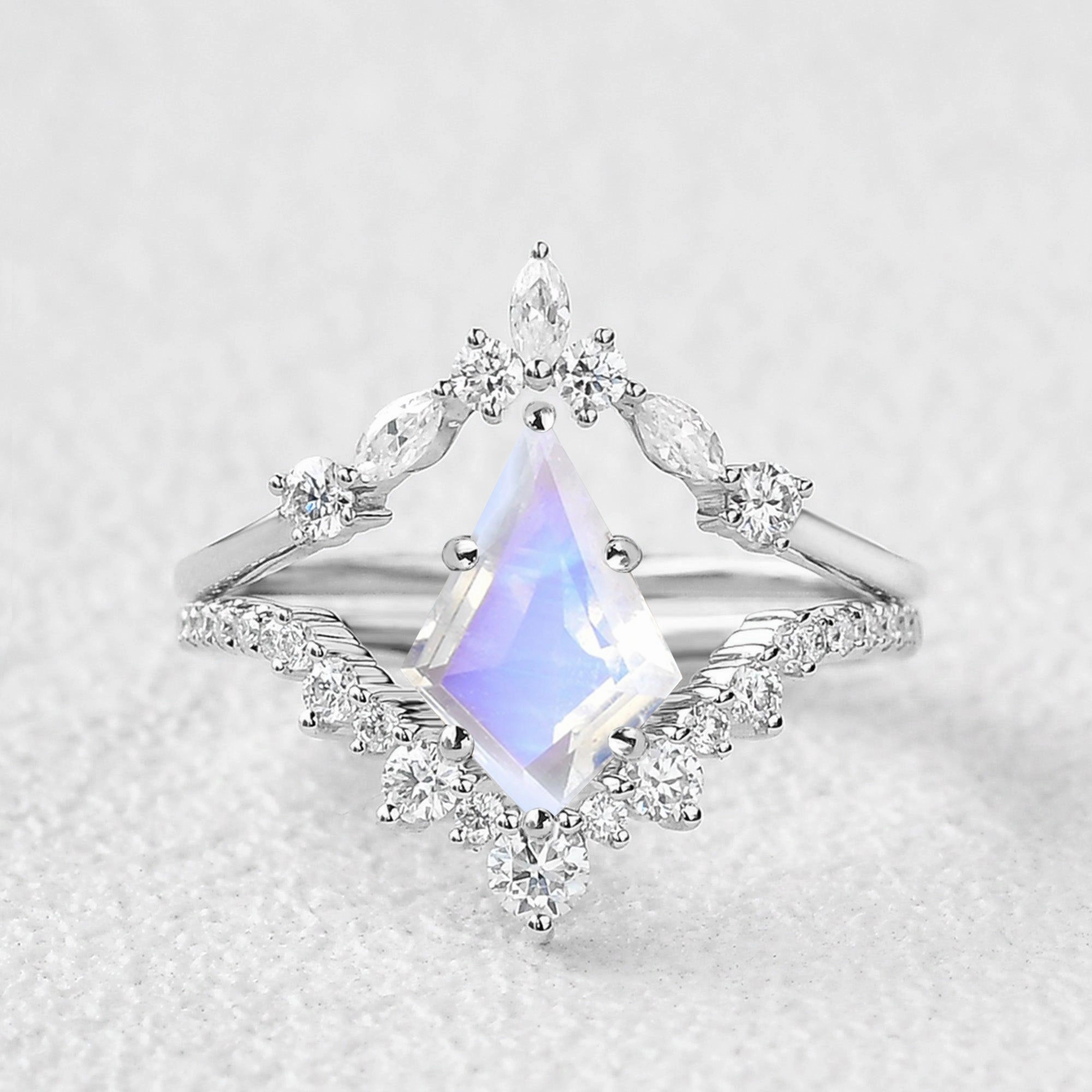 Creative Piece Urban Style Kite Cut Moonstone Chevron Engagement Ring Set 2pcs