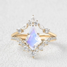 Kite Cut Moonstone Chevron Engagement Ring Set 2pcs Understated Finish