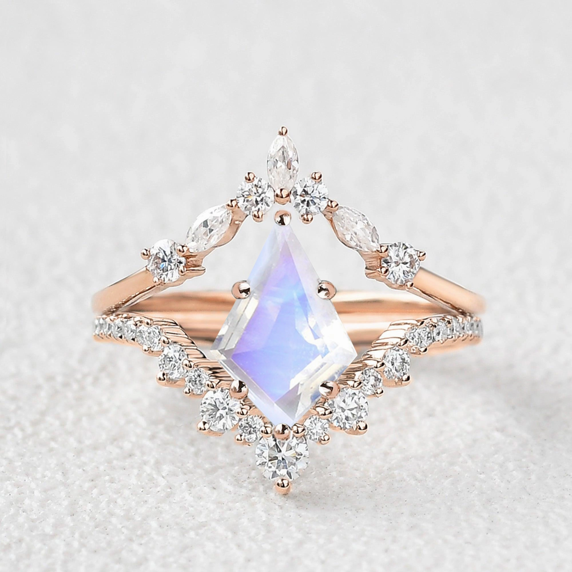 Work Style Kite Cut Moonstone Chevron Engagement Ring Set 2pcs