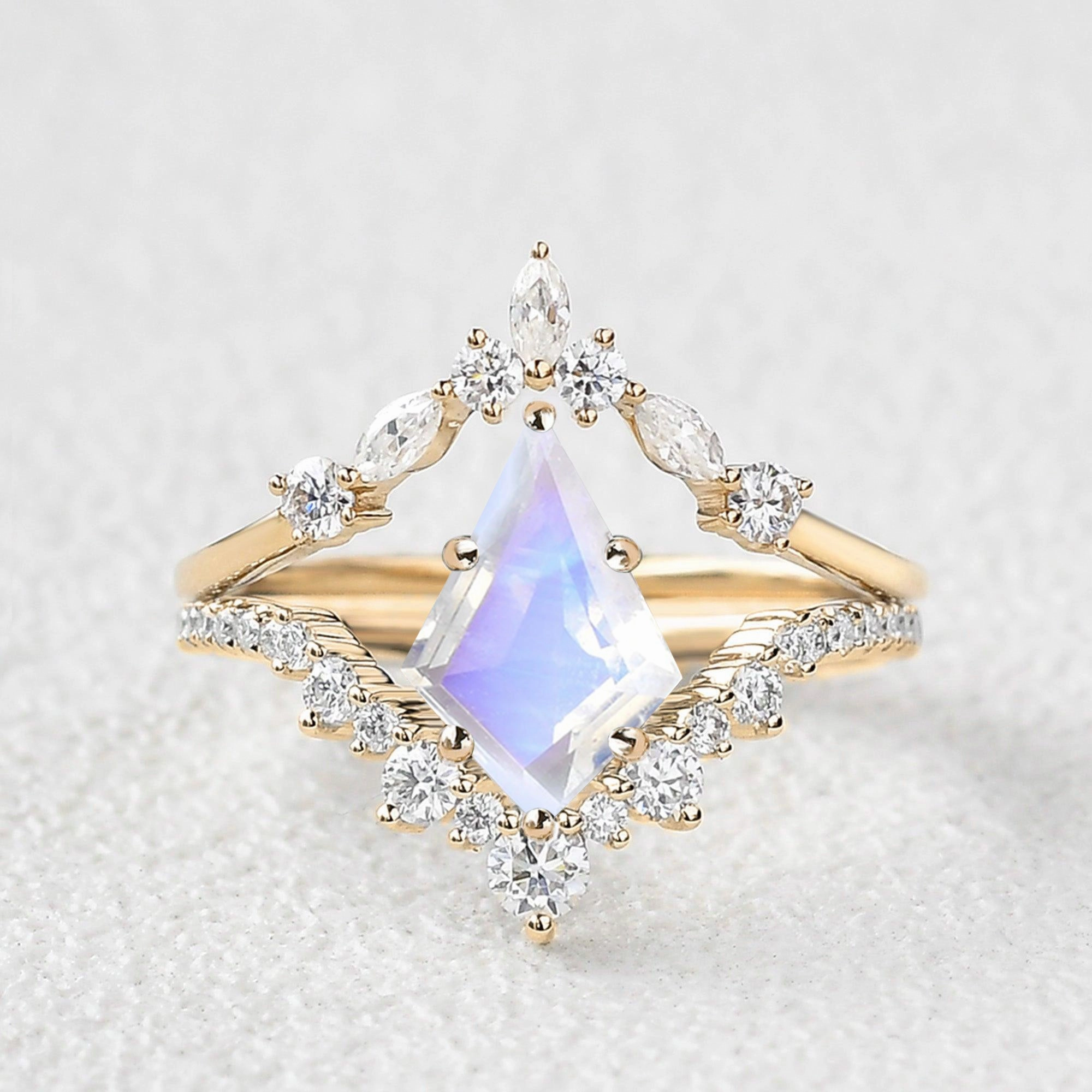 Kite Cut Moonstone Chevron Engagement Ring Set 2pcs Understated Finish