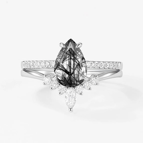 Simple Emblem Artisan Crafted 1.5ct Pear Shaped Black Rutilated Quartz Engagement Ring Set 2pcs