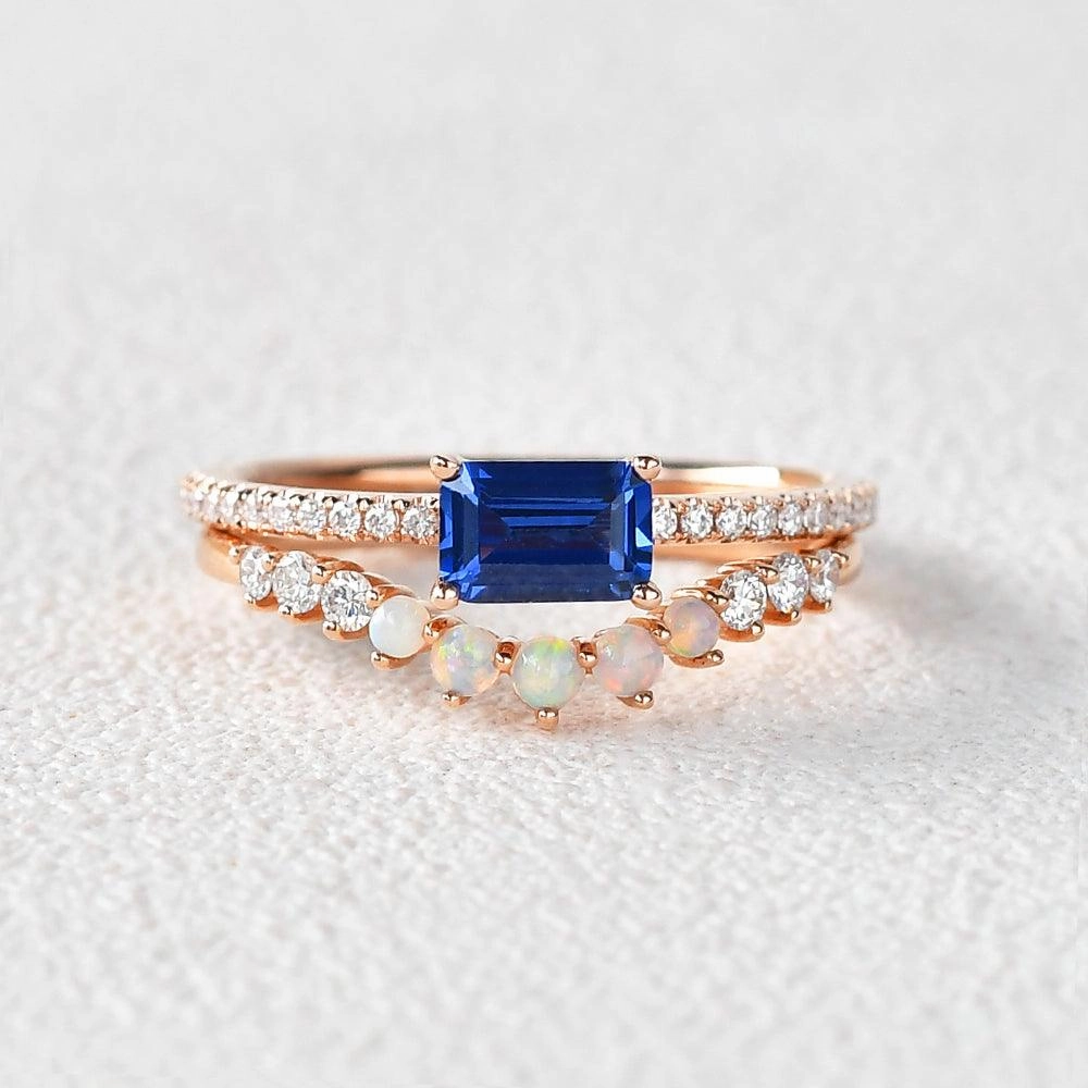 Bright Touch Vibrant Shine Look Felicegals Baguette Cut Sapphire & Opal Rinig Set 2pcs