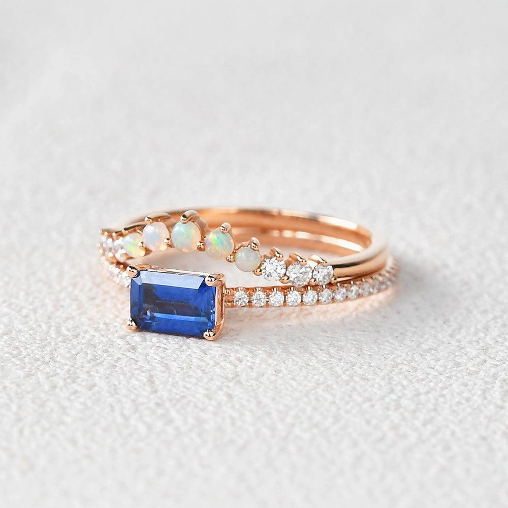 Felicegals Baguette Cut Sapphire & Opal Rinig Set 2pcs Bold Jewelry Shine