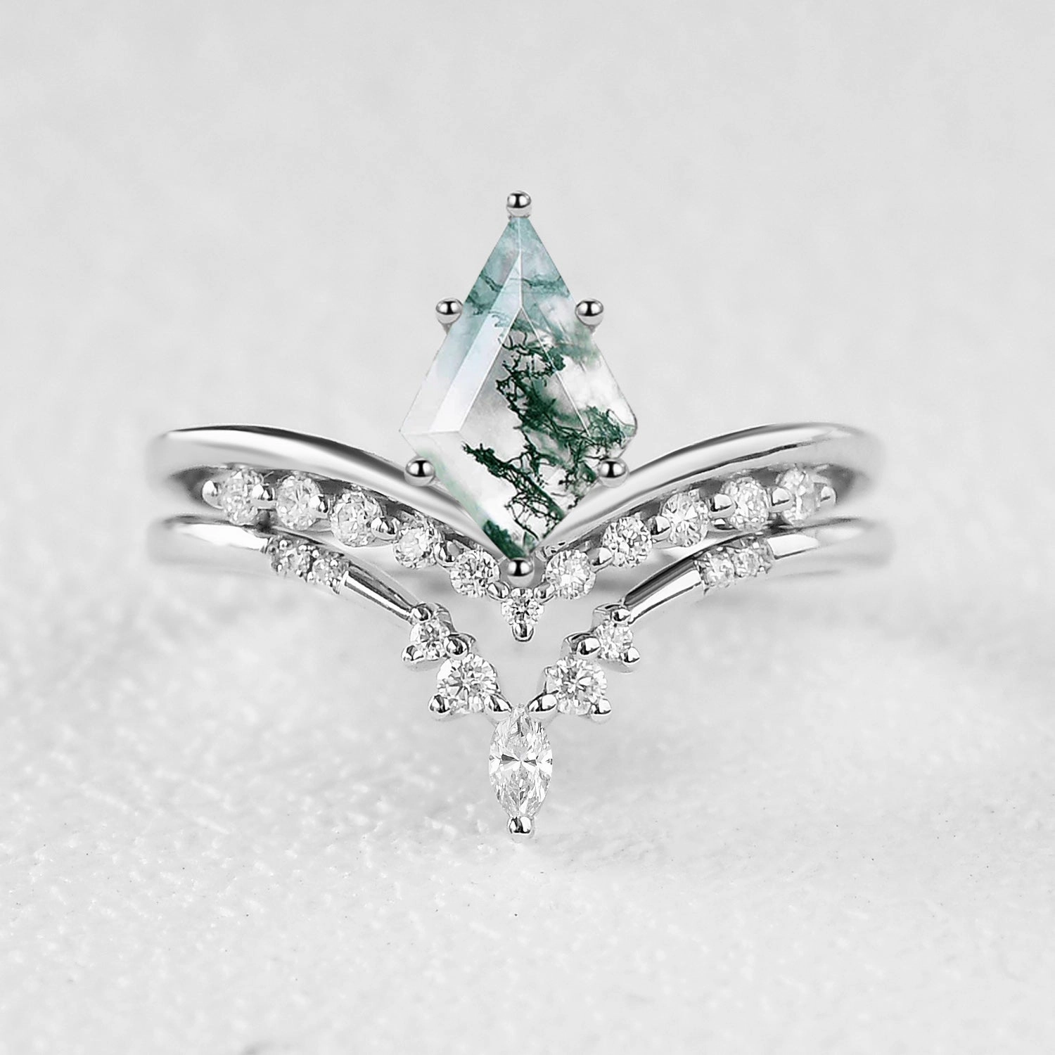 Balanced Detail Felicegals Kite Cut Moss Agate Chevron Engagement Ring Set 2pcs