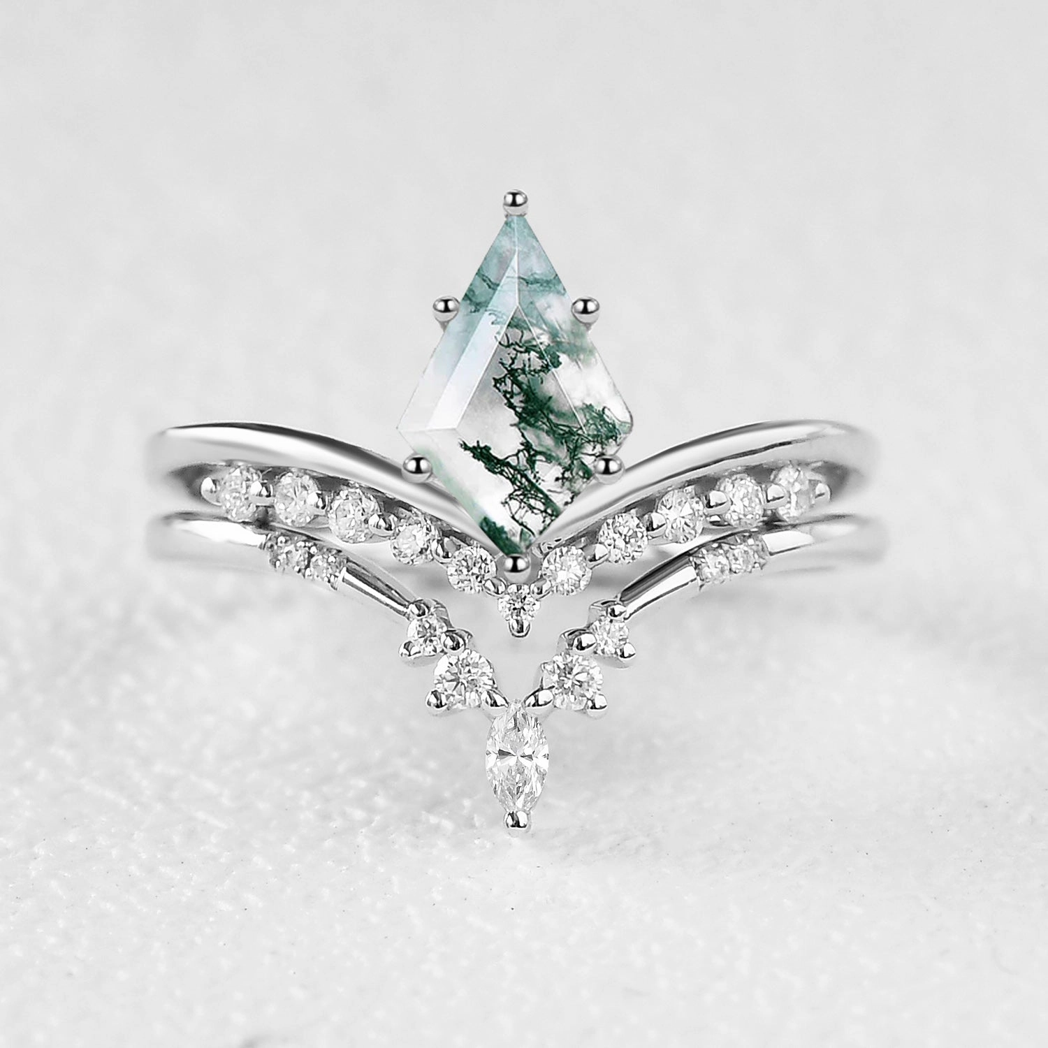 Simple Adornment Branded Statement Felicegals Kite Cut Moss Agate Chevron Engagement Ring Set 2pcs