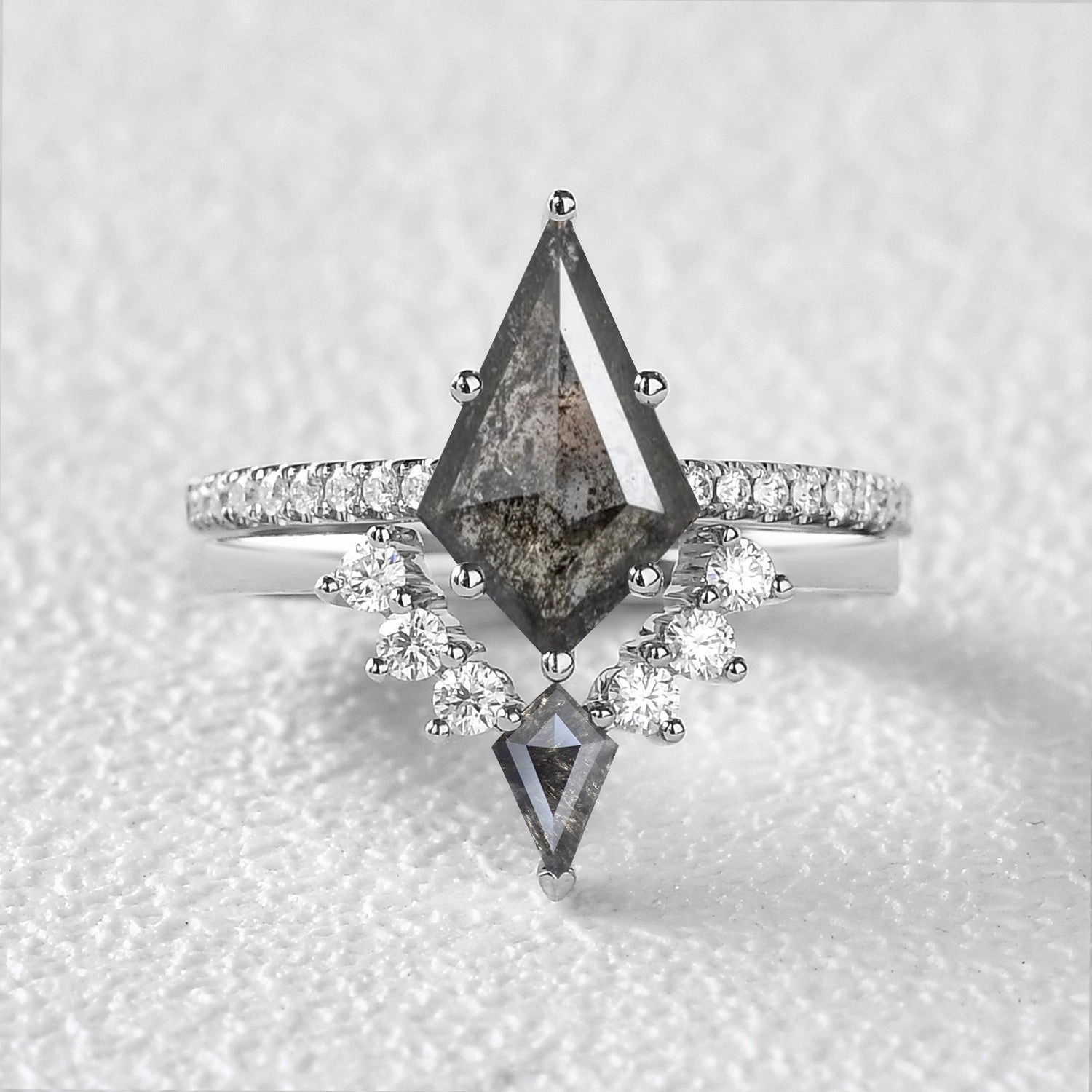 Quick Shine Felicegals Kite Cut Salt and Pepper Diamonds Cluster Engagement Ring Set 2pcs