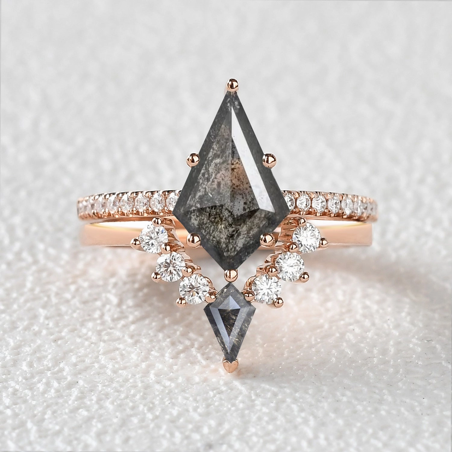 Felicegals Kite Cut Salt and Pepper Diamonds Cluster Engagement Ring Set 2pcs Graceful Structure Vintage Bauble