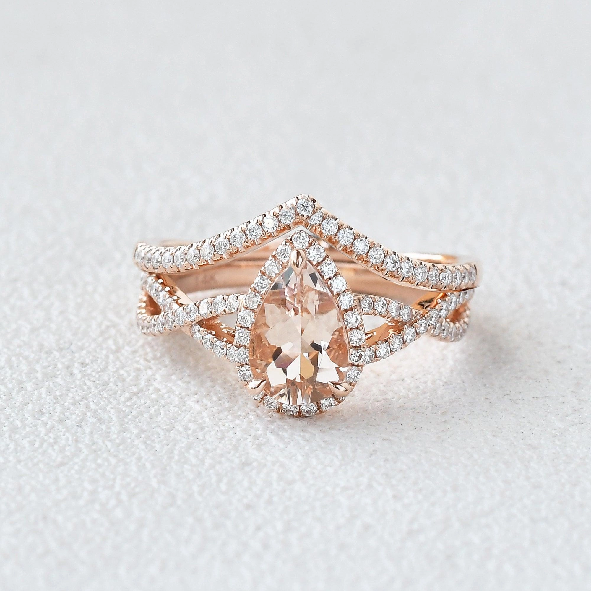 Branded Object Stain Less Felicegals Pear Shaped Morganite Gold Ring Set 2pcs