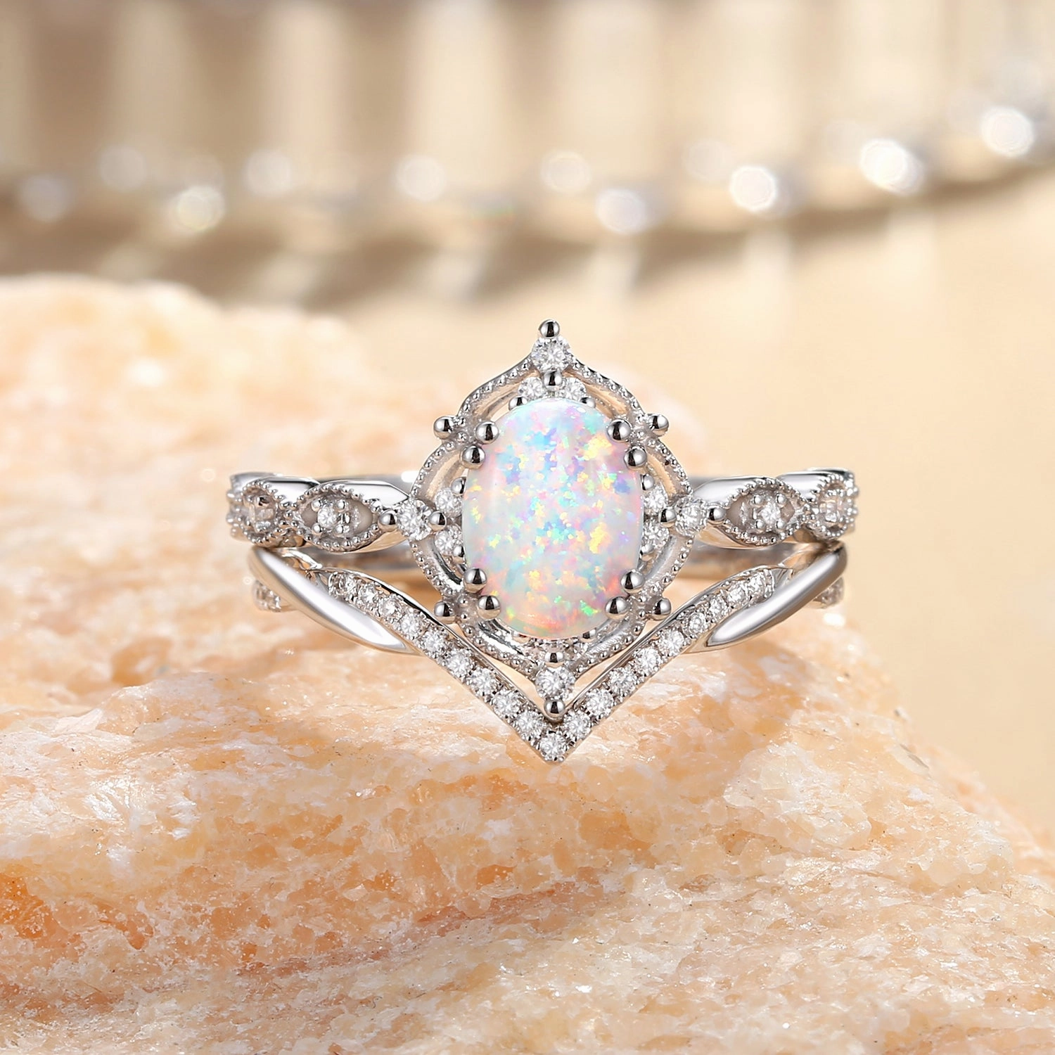 Exclusive Work Love Token Felicegals Signature Vintage Oval Cut Opal Infinity Ring Set 2pcs - Mira