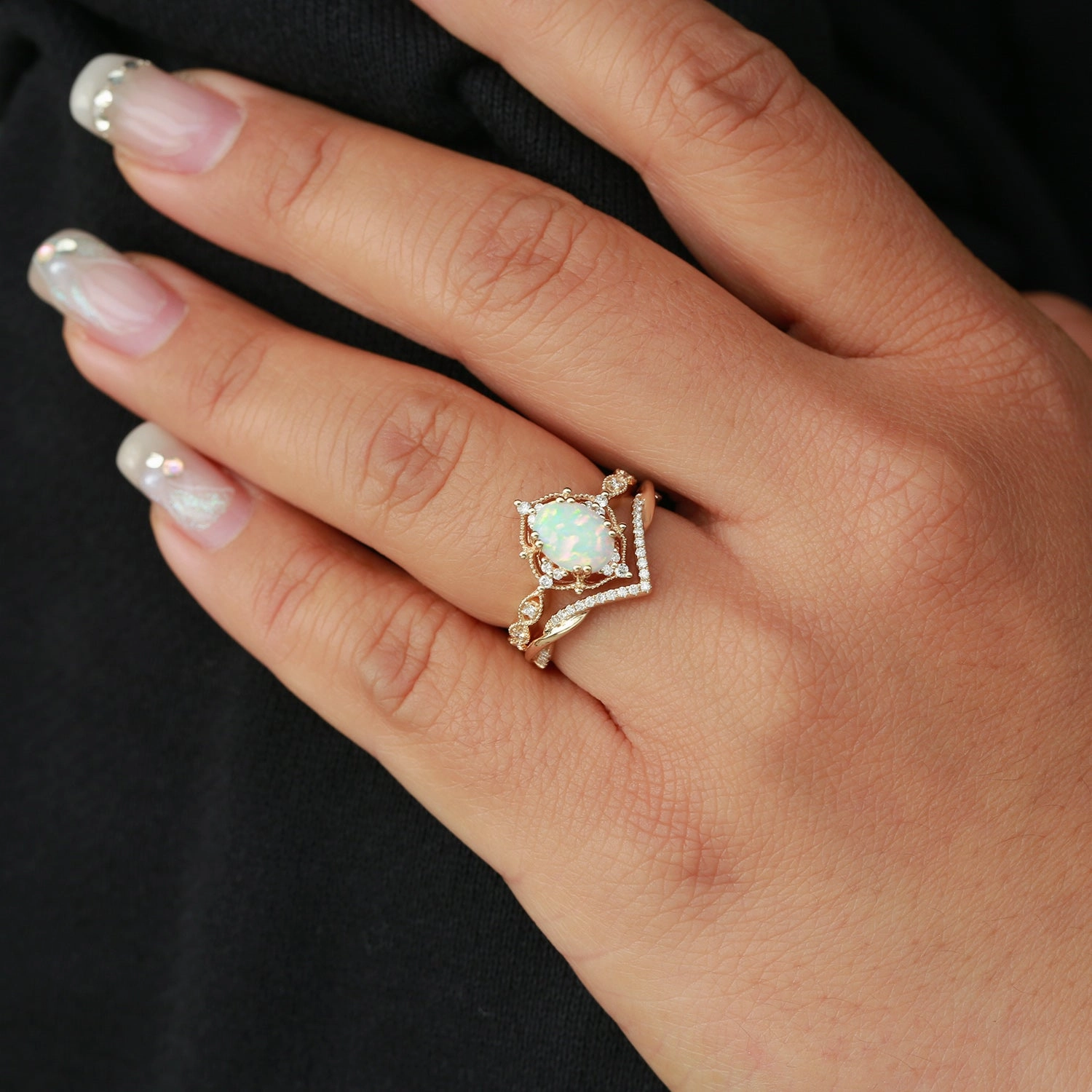 Eternal Object Fashion Accessory Felicegals Signature Vintage Oval Cut Opal Infinity Ring Set 2pcs - Mira