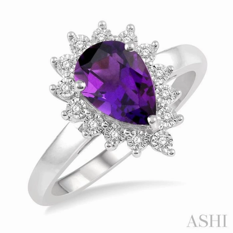 9x6 MM Pear Shape Amethyst and 1/10 Ctw Round Cut Diamond Semi-Precious Ring in 10K White Gold Fantastic Expression