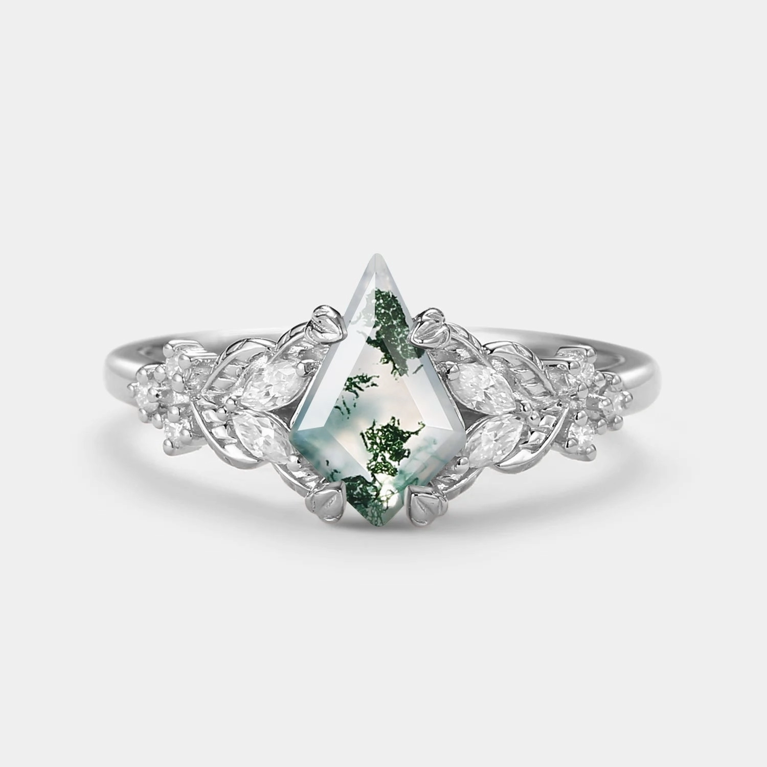 Kite Cut Moss Agate Vine Leafy Gold Engagement Ring Handcrafted Feature Sophisticated Embellishments