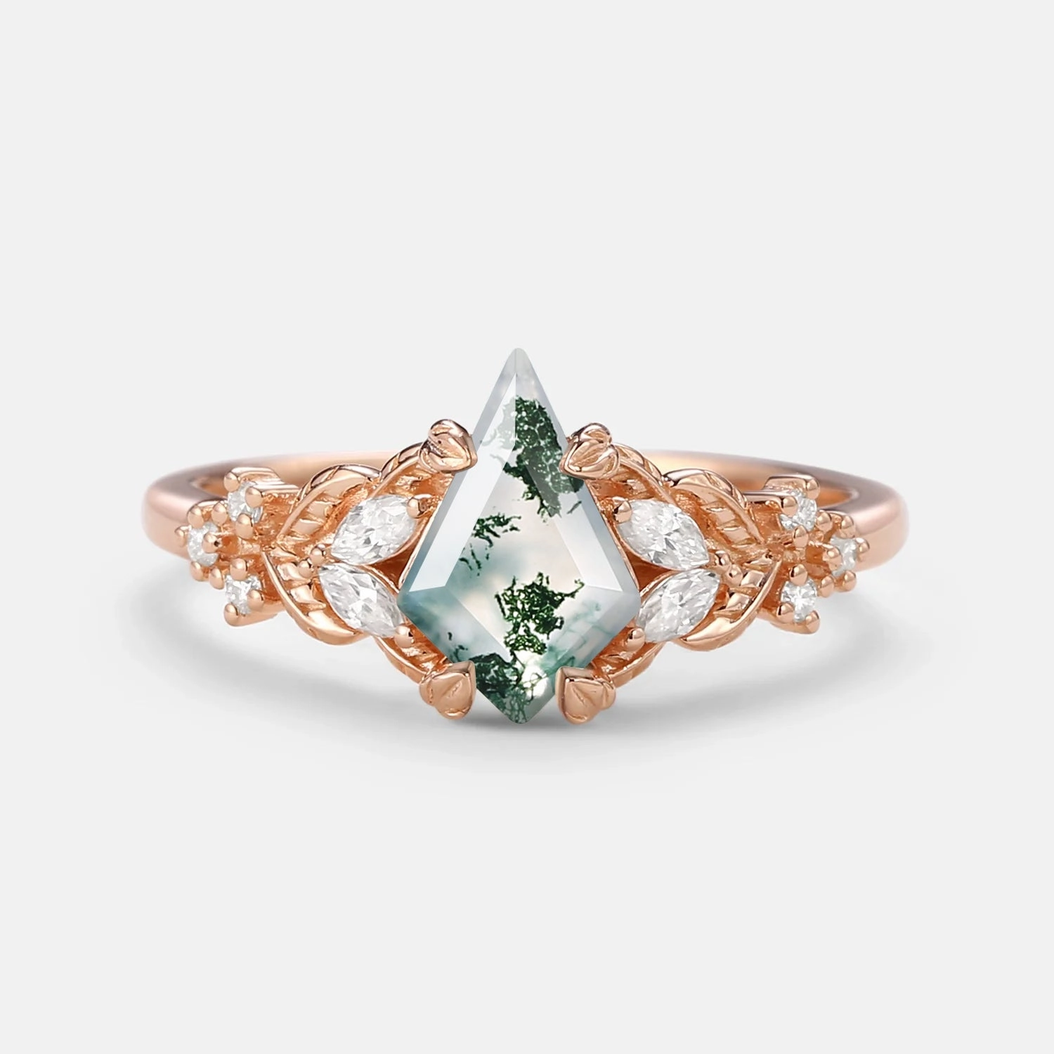 Kite Cut Moss Agate Vine Leafy Gold Engagement Ring Starry Look