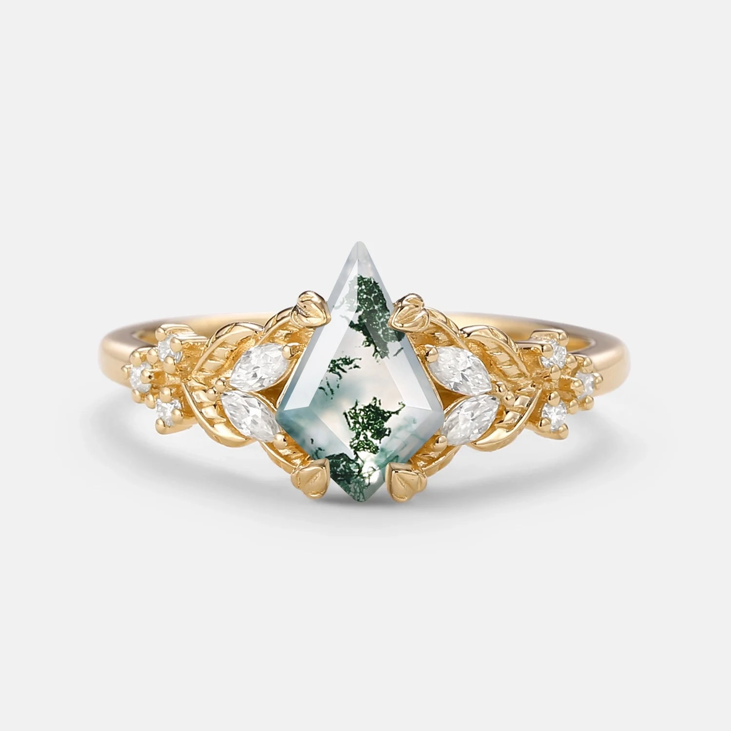 Kite Cut Moss Agate Vine Leafy Gold Engagement Ring Feminine Light