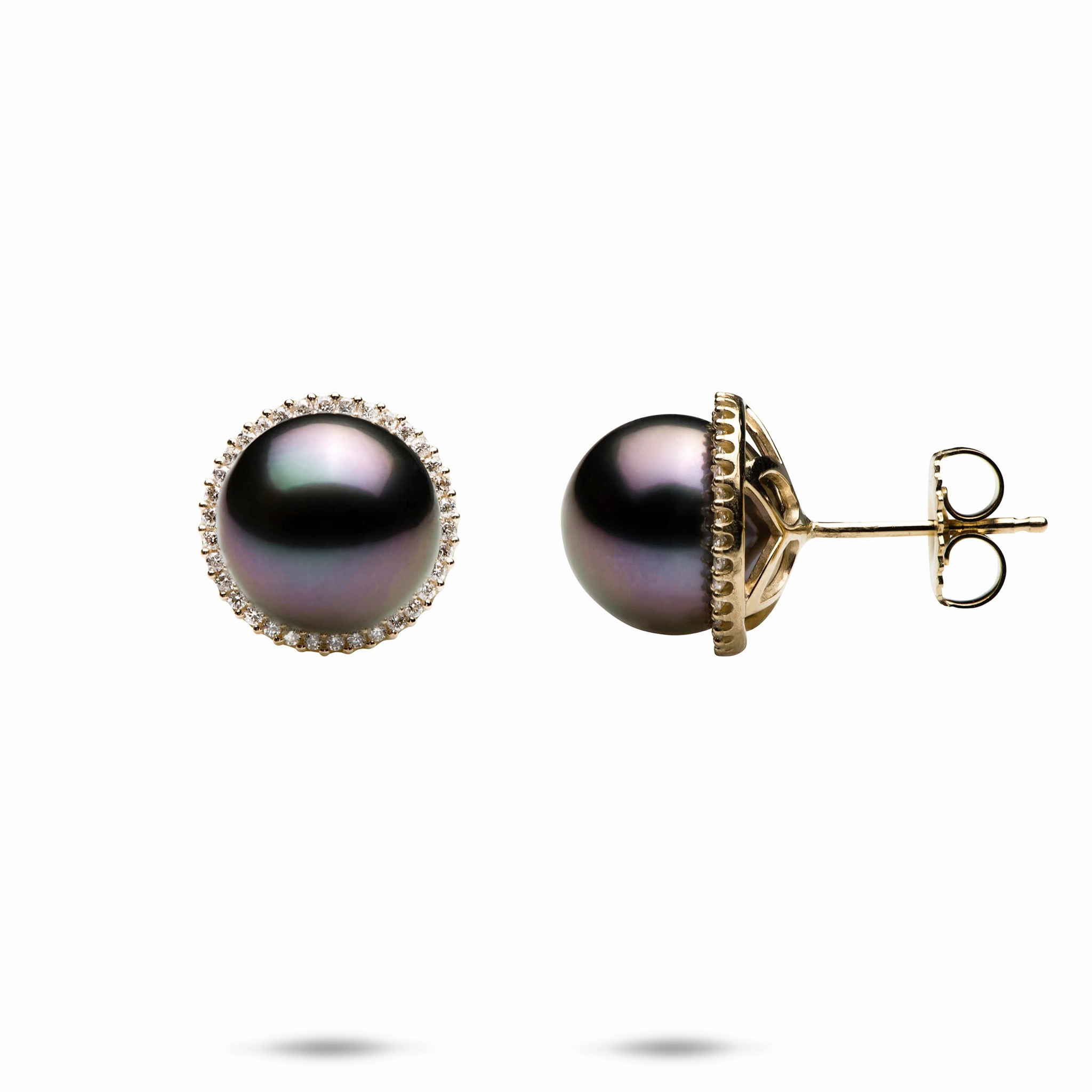 Sleek Texture Trendy Highlight Halo Tahitian Black Pearl Earrings in Gold with Diamonds - 10-11mm