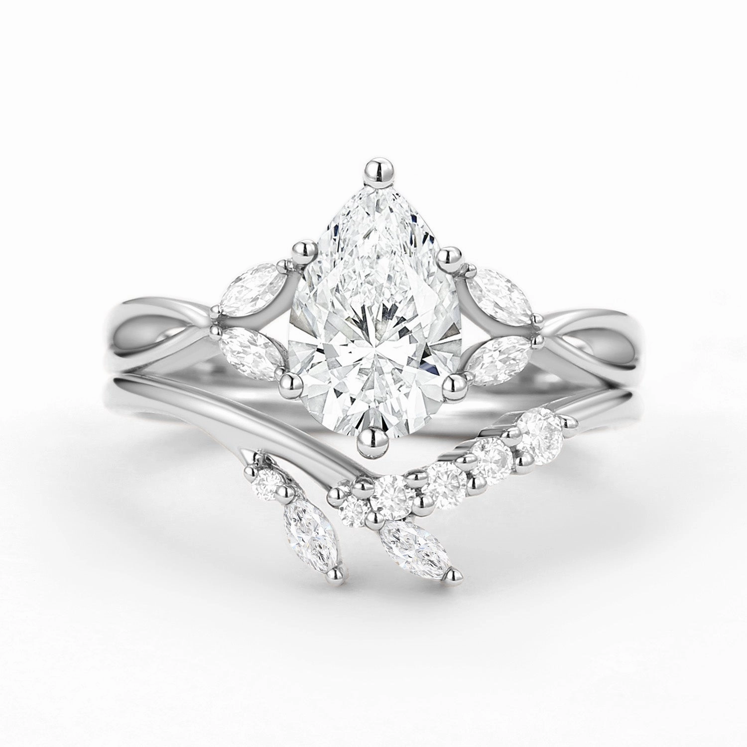 Romantic Accessory Straight Edge Twig Pear Shaped Moss Agate Bridal Ring Set 2pcs