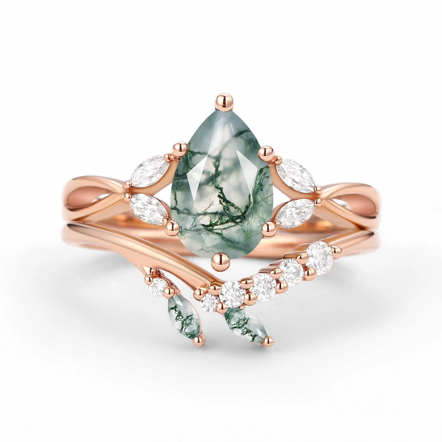 Classic Sparkle Waterproof Seal Twig Pear Shaped Moss Agate Bridal Ring Set 2pcs