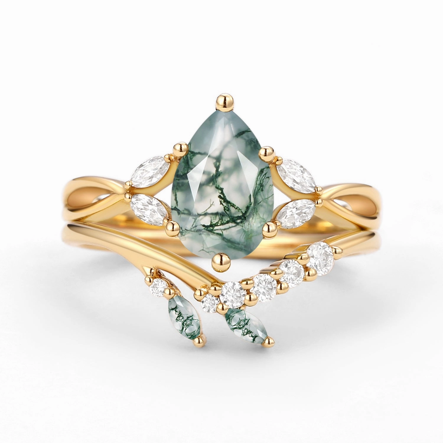 Timeless Craftwork Twig Pear Shaped Moss Agate Bridal Ring Set 2pcs