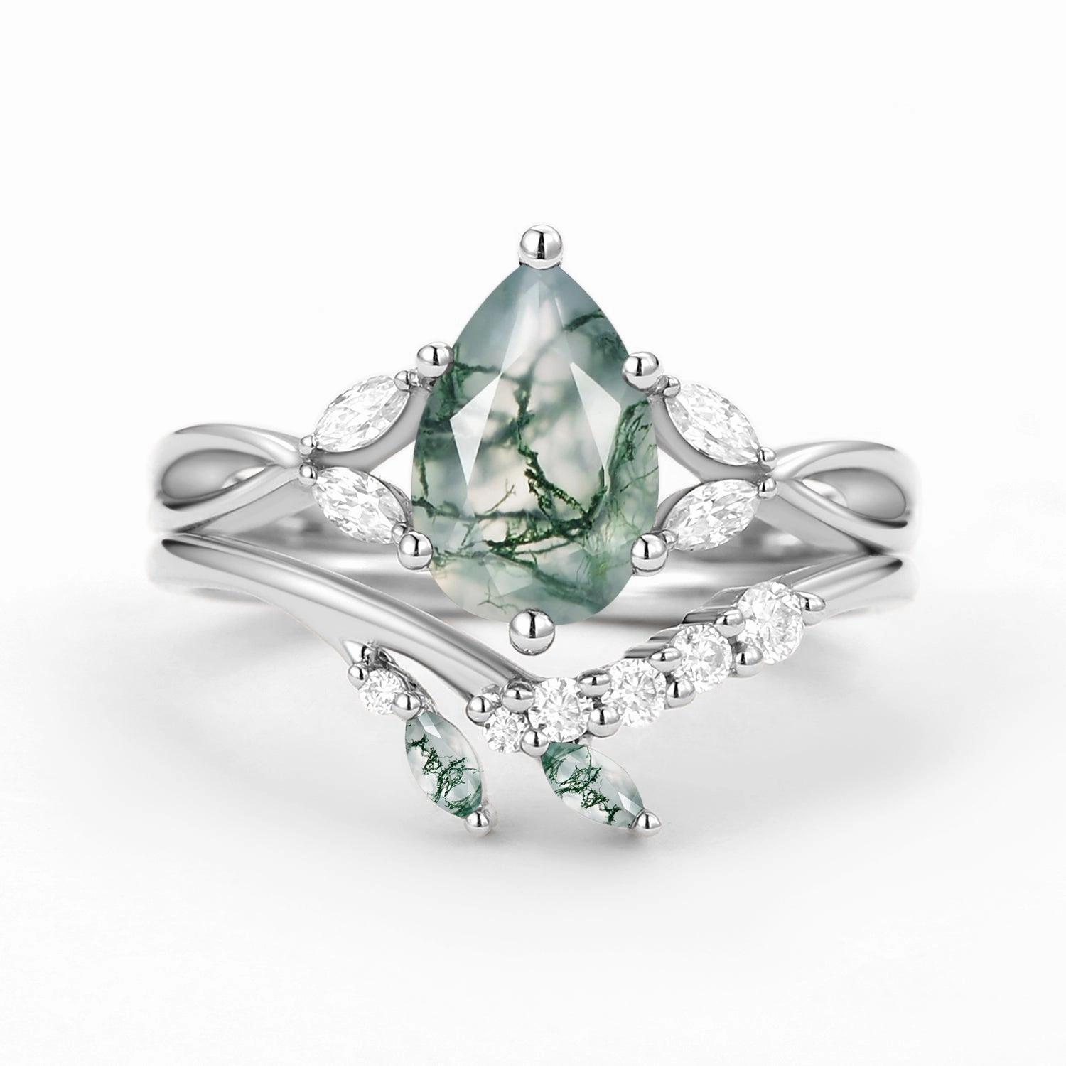 Shine Piece True Elegance Twig Pear Shaped Moss Agate Bridal Ring Set 2pcs