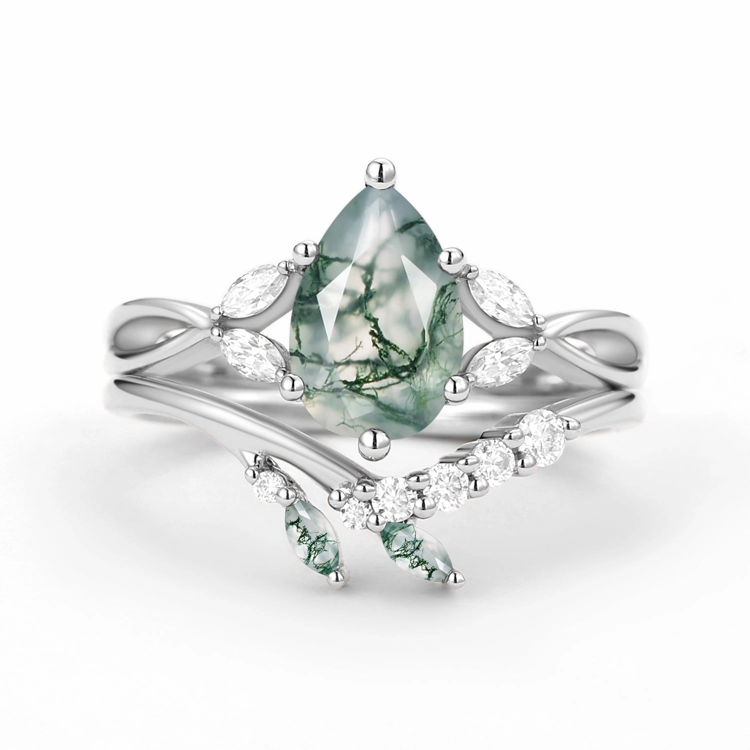 Twig Pear Shaped Moss Agate Bridal Ring Set 2pcs Strong Article