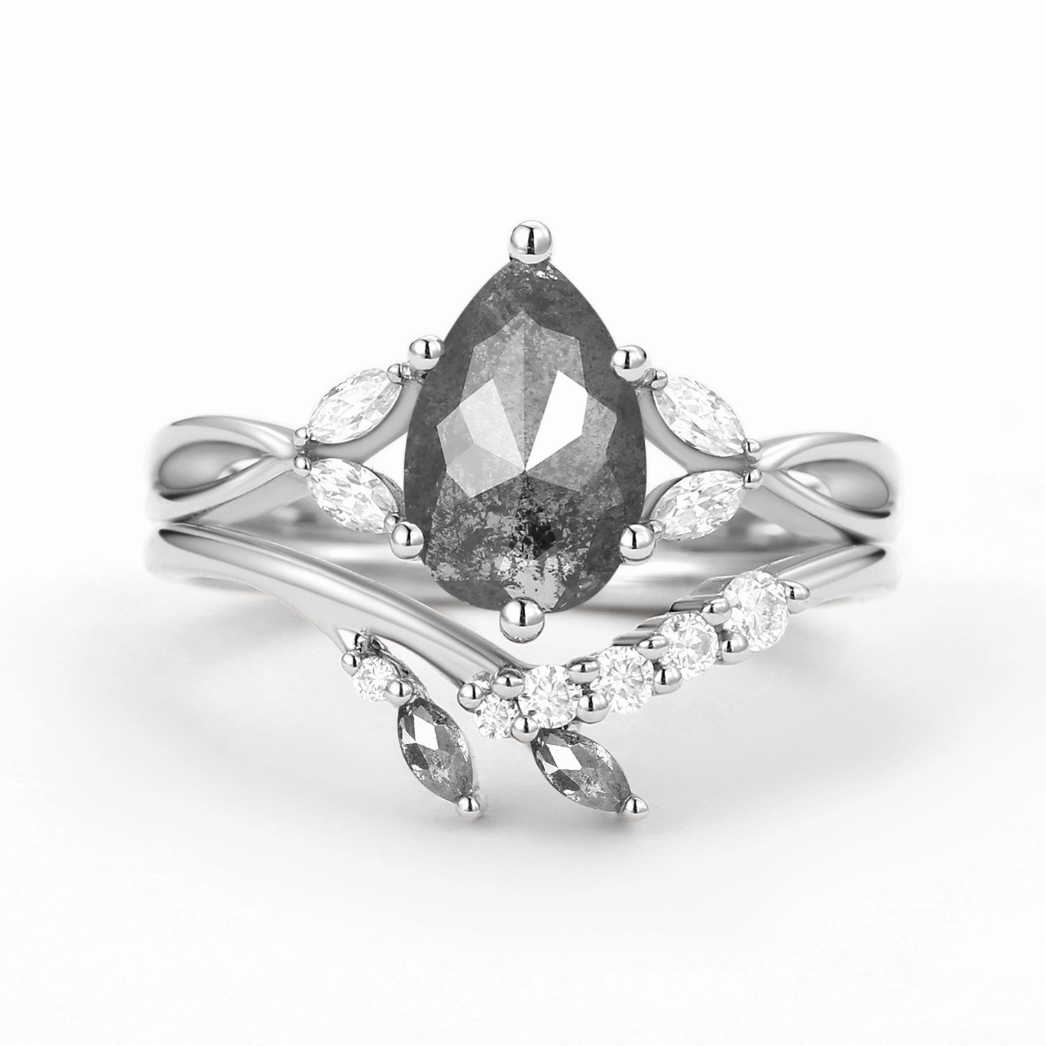 Twig Pear Shaped Moss Agate Bridal Ring Set 2pcs Chic Accent Polished Design