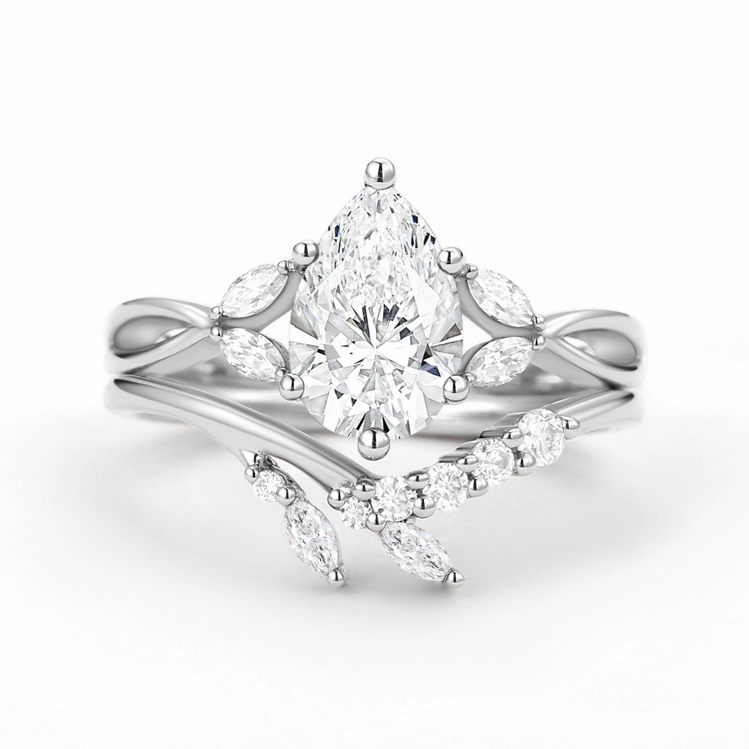 Gentle Spark Evening Wear Twig Pear Shaped Moss Agate Bridal Ring Set 2pcs