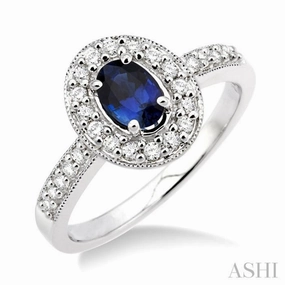 6x4 MM Oval Cut Sapphire and 1/4 Ctw Round Cut Diamond Ring in 14K White Gold Artistic masterpiece Bold Emblem