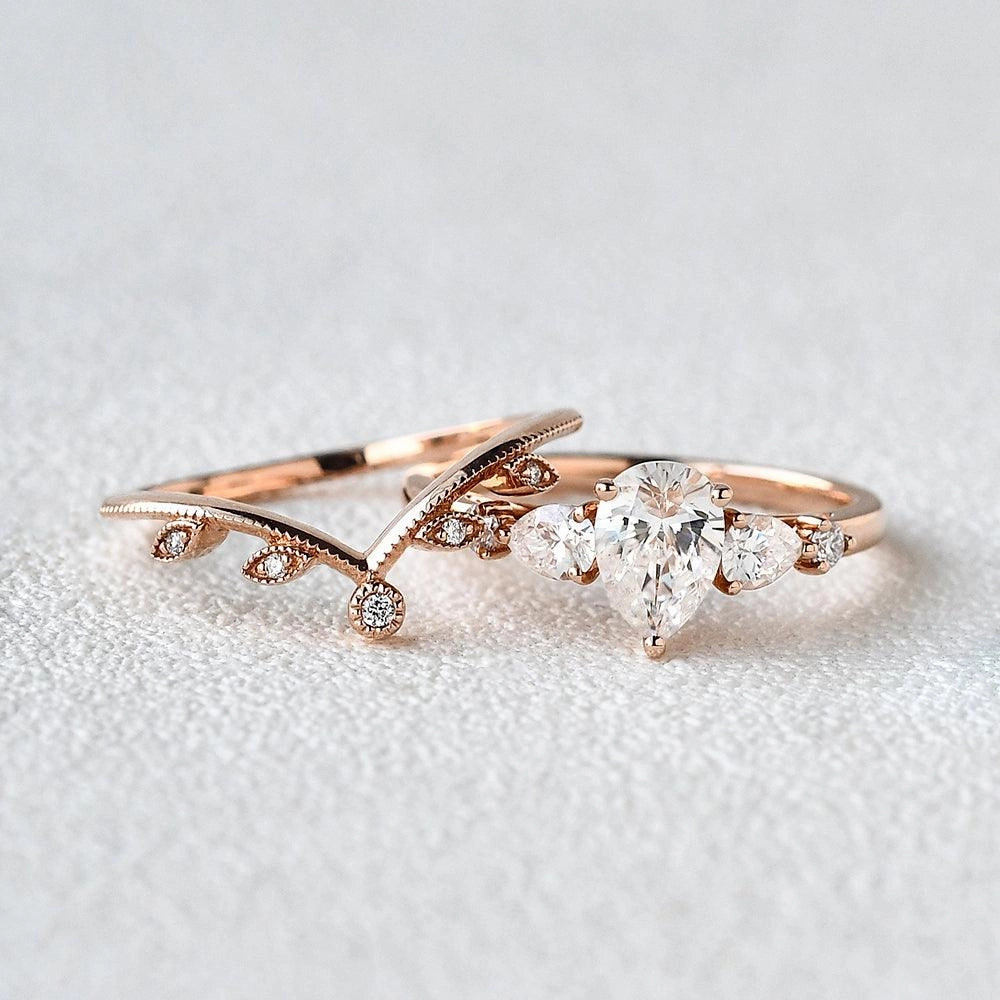 1.5ct Pear Shaped Cluster Moissanite Bridal Set 2pcs Ring Statement Fit