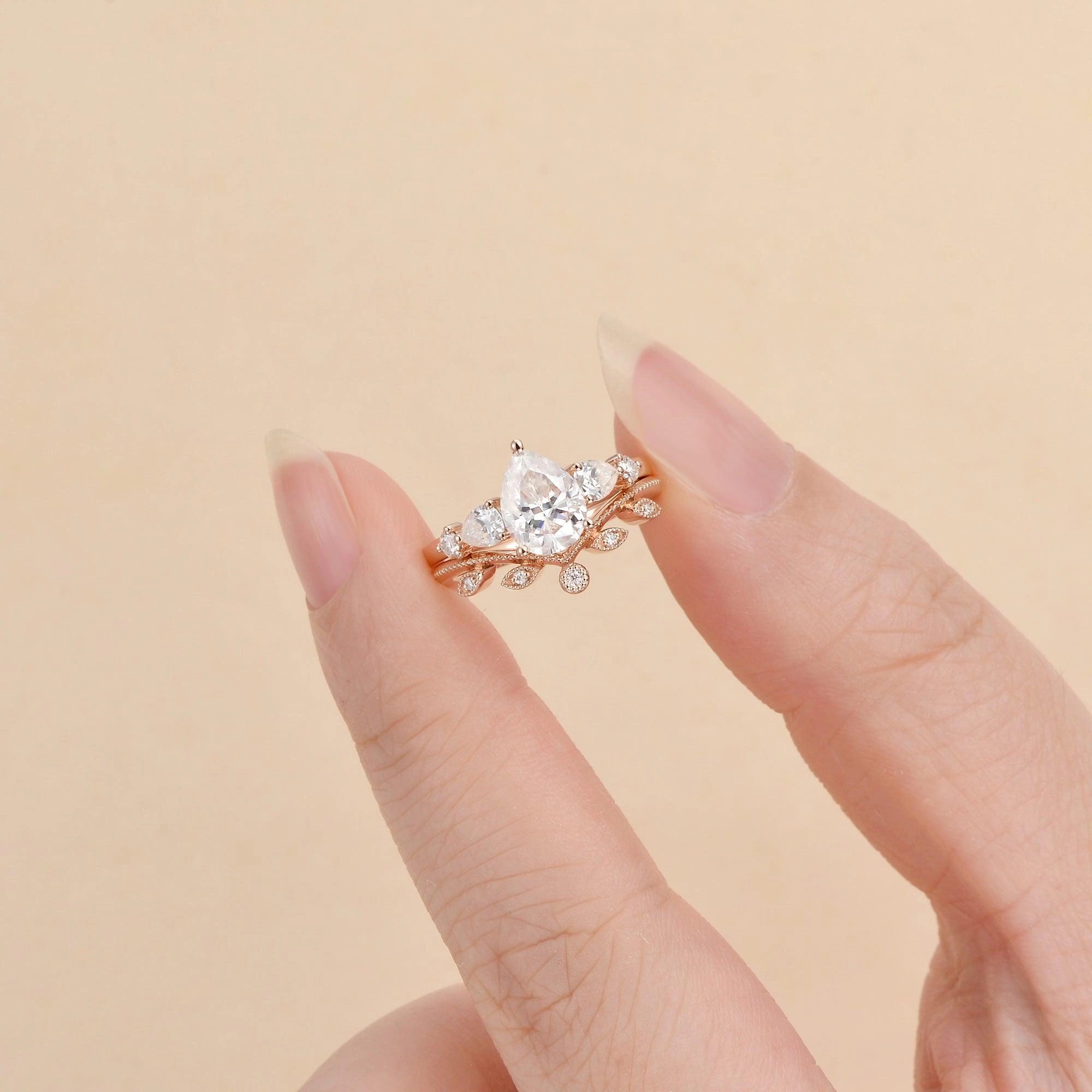 1.5ct Pear Shaped Cluster Moissanite Bridal Set 2pcs Ring Gentle care Amazing Statement