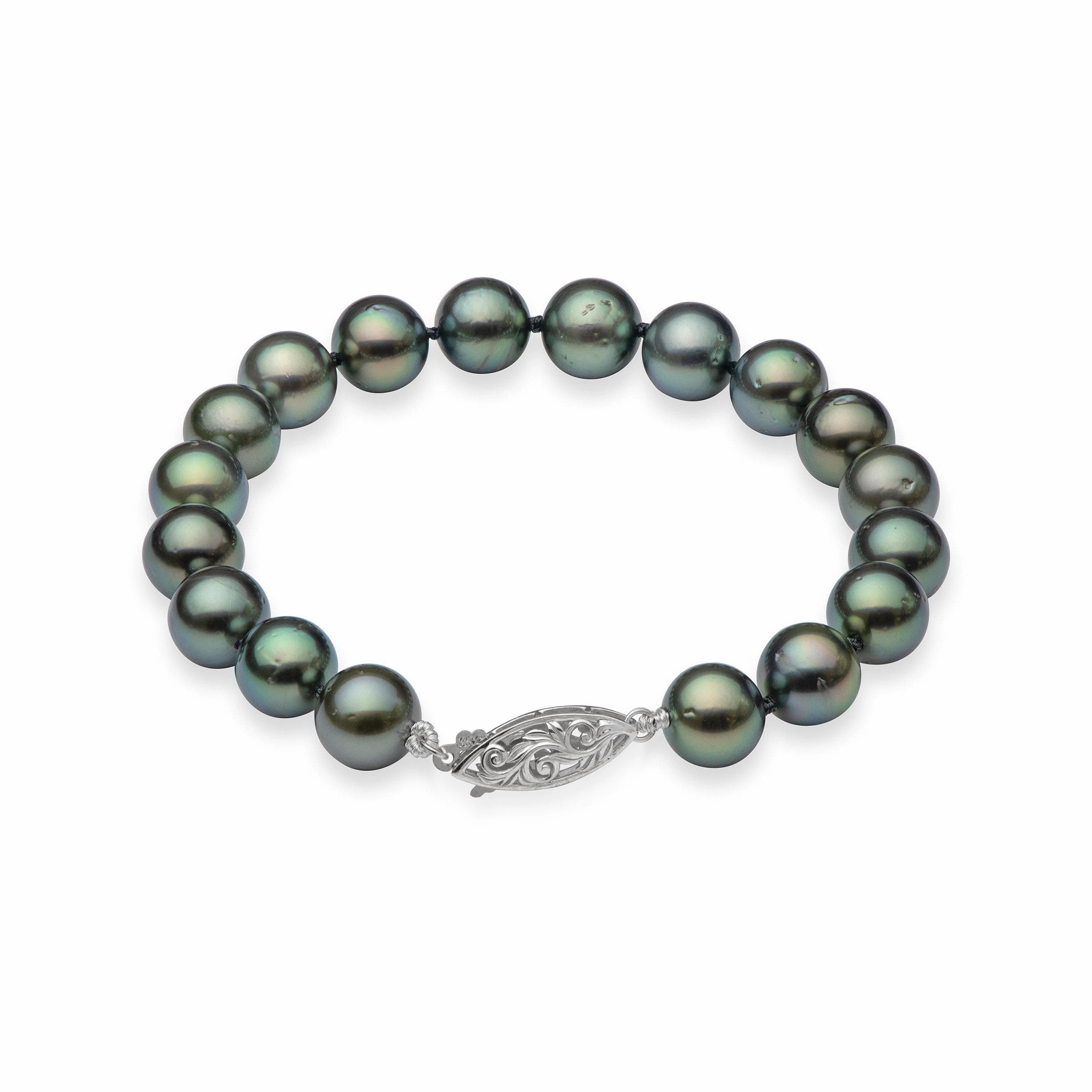 8" Tahitian Black Pearl Bracelet in White Gold - 9-10mm Breezy Look Holiday Outfit
