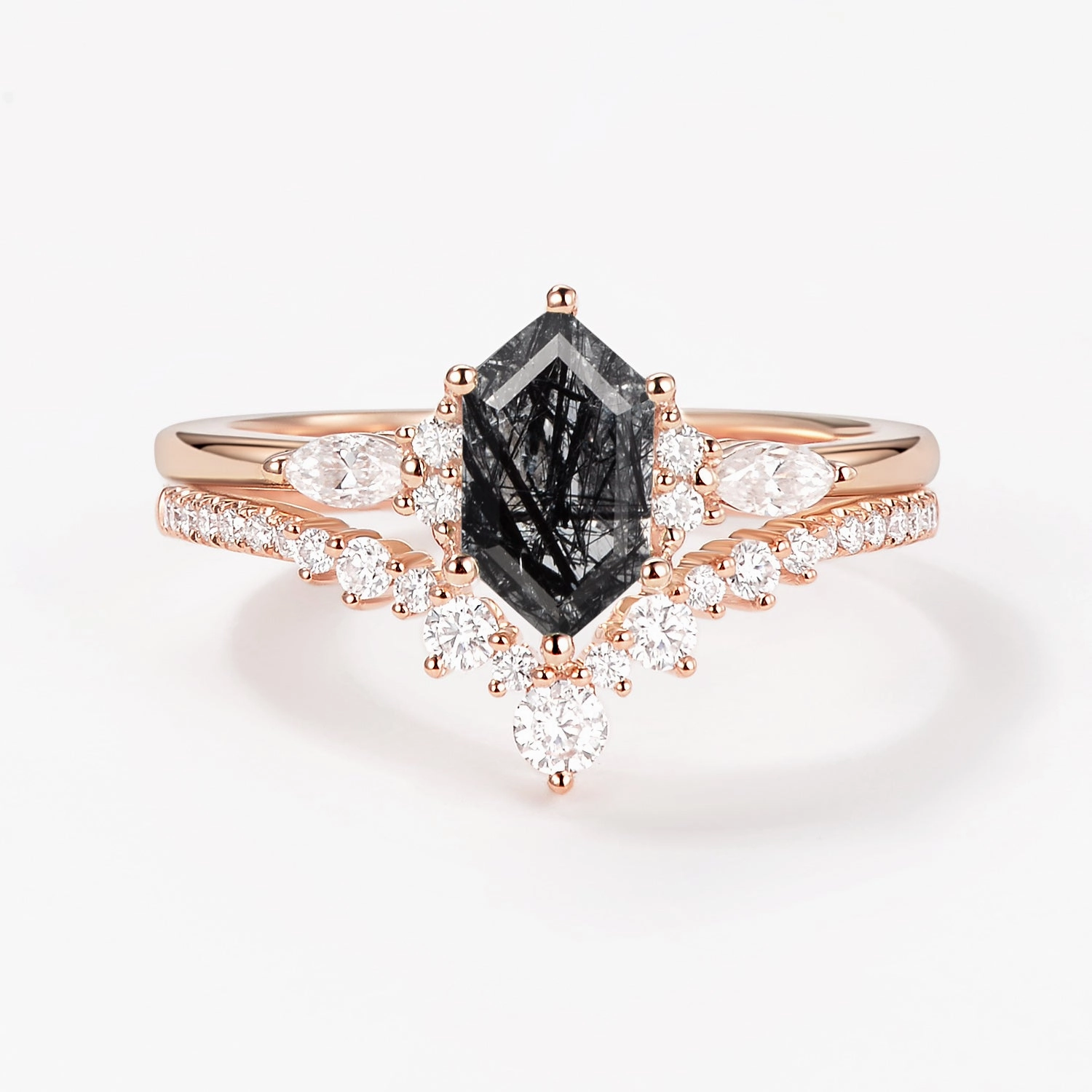 Long Hexagon Black Rutilated Quartz Cluster Engagement Ring Set 2pcs Traditional Use