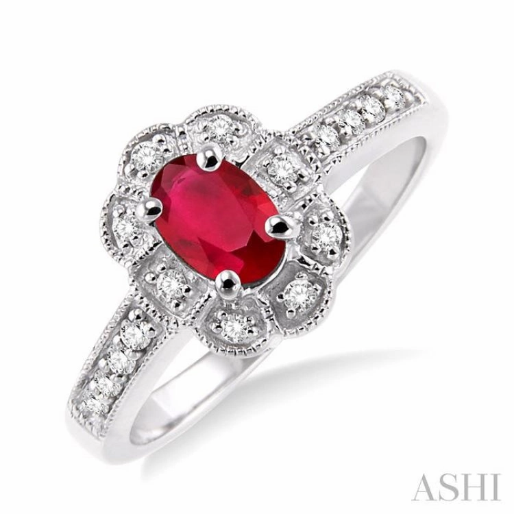 Stylish Insignia 6x4 MM Oval Cut Ruby and 1/6 Ctw Single Cut Diamond Ring in 14K White Gold