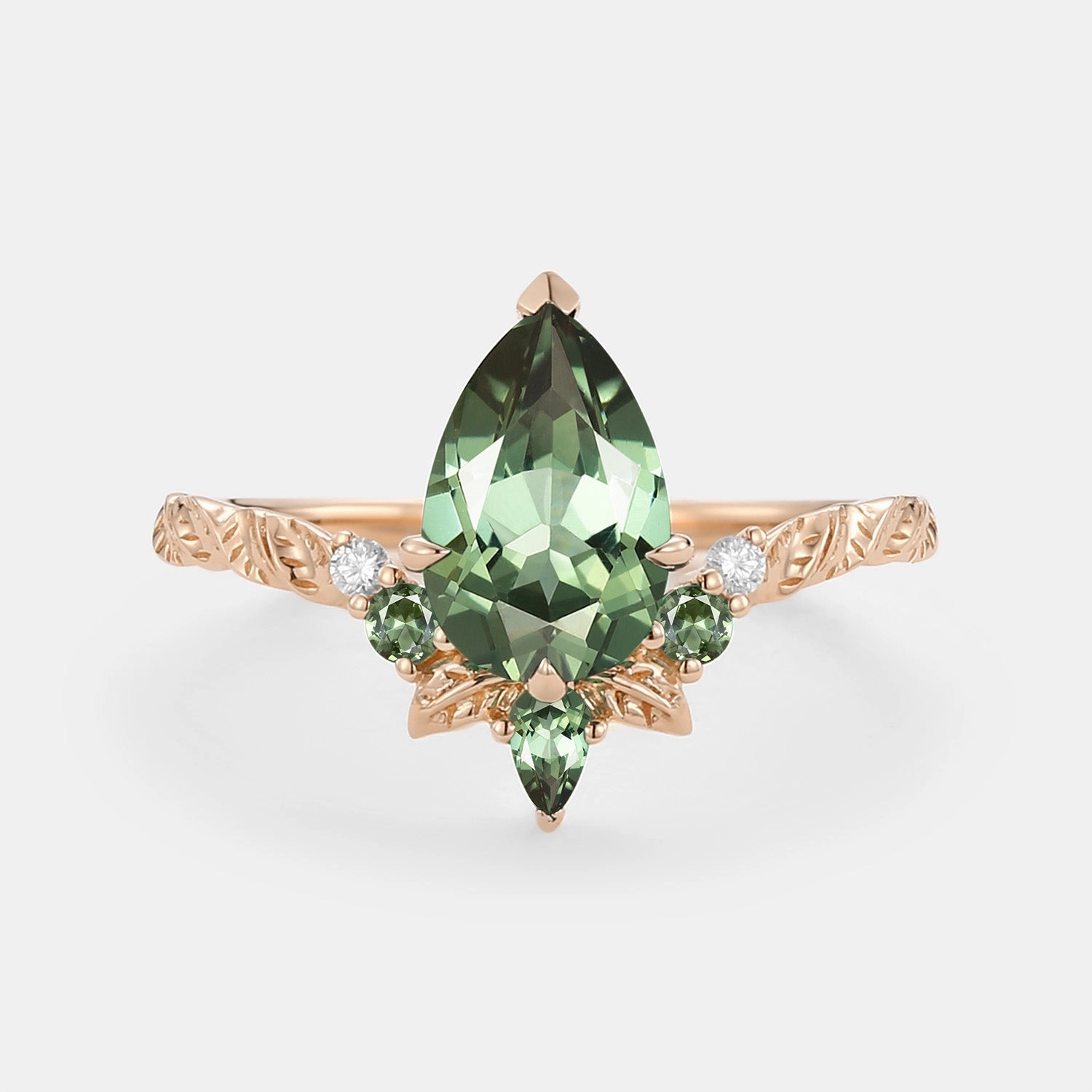 Modern Fashion Occasion Ready Pear Cut Lab Green Sapphire Leaf Engagement Ring - Sirael