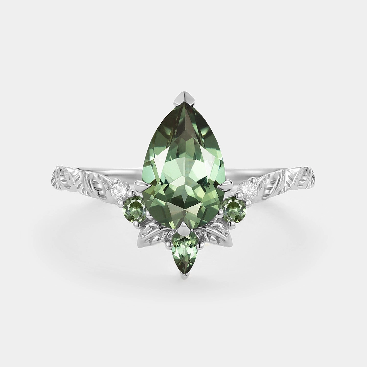 Stylish Edge Luxury Edge Pear Cut Lab Green Sapphire Leaf Engagement Ring - Sirael