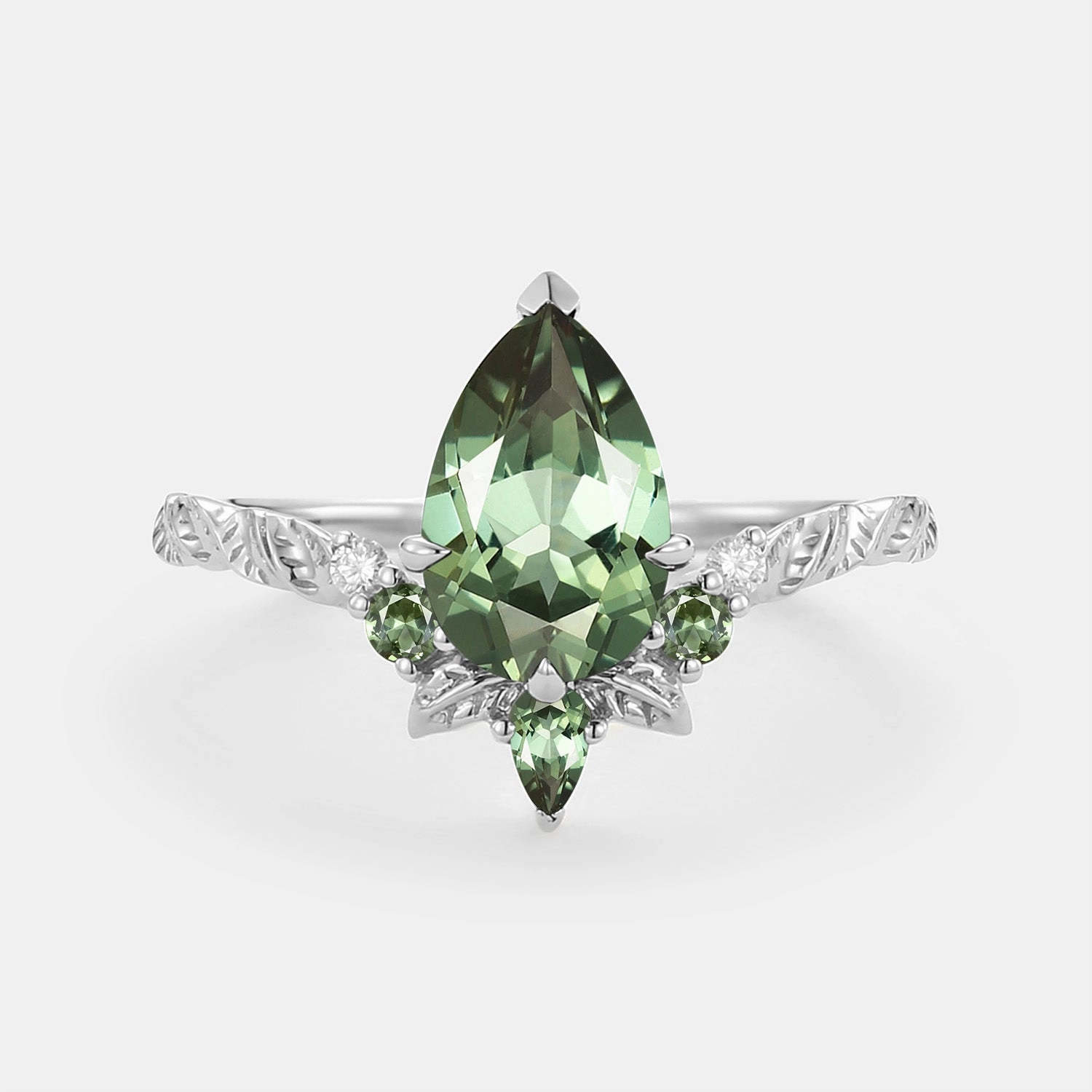 Accessory Product Wonderful Adornment Pear Cut Lab Green Sapphire Leaf Engagement Ring - Sirael