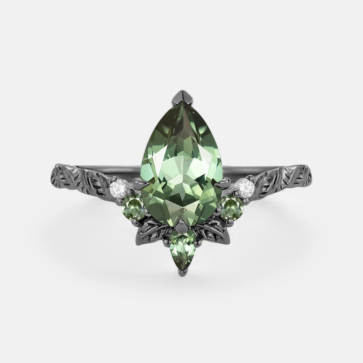 Pear Cut Lab Green Sapphire Leaf Engagement Ring - Sirael Allure Factor Delicate Feature