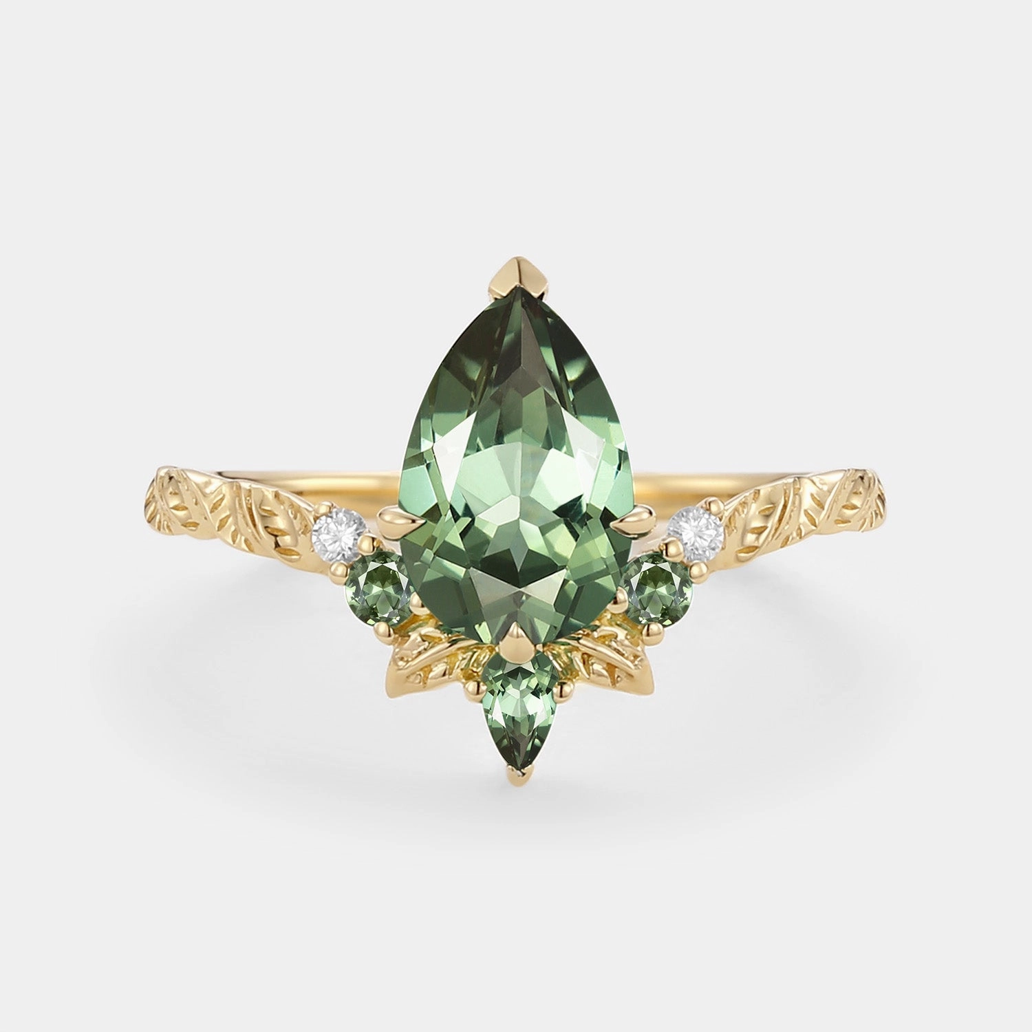 Durable Art Pear Cut Lab Green Sapphire Leaf Engagement Ring - Sirael