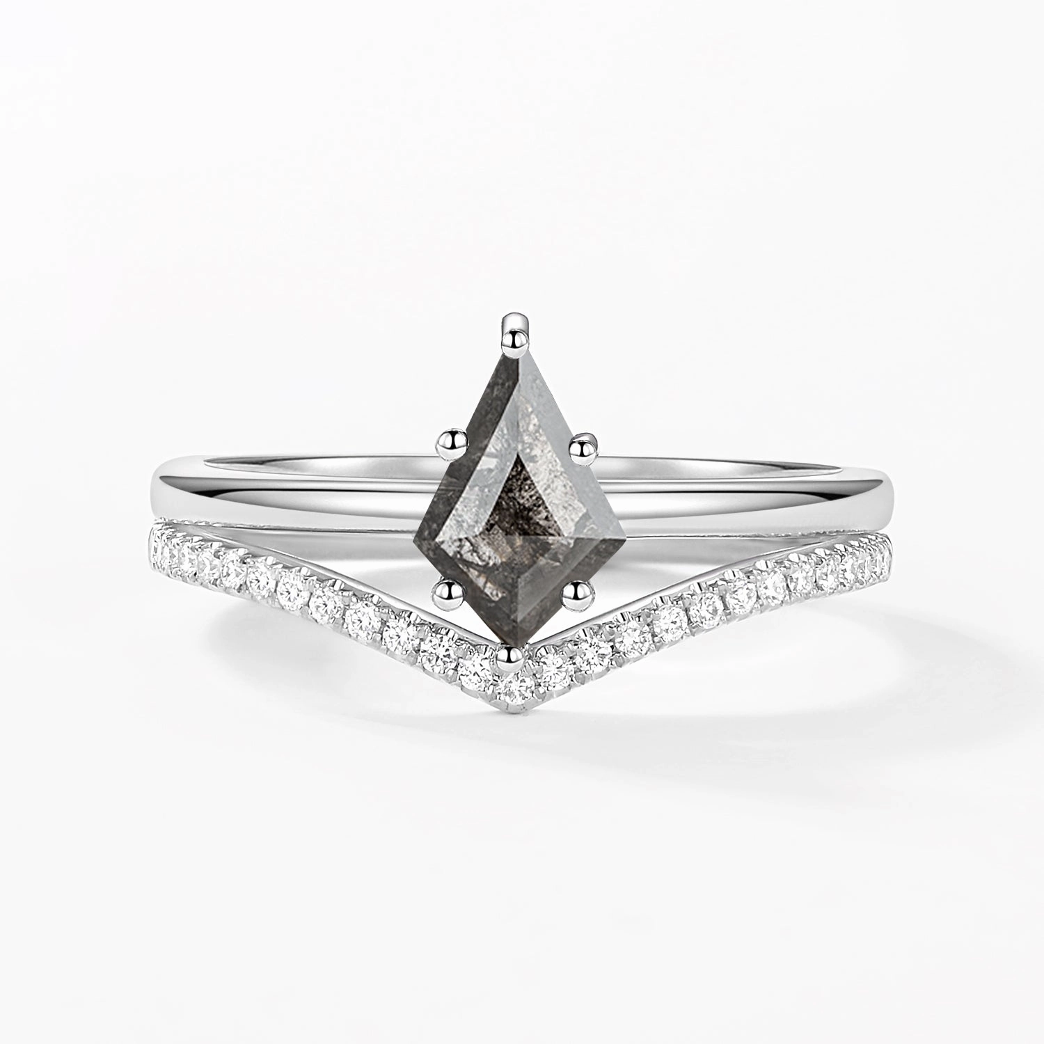 Salt and Pepper Diamonds Chevron Engagement Ring Set 2pcs Handcrafted Accessories