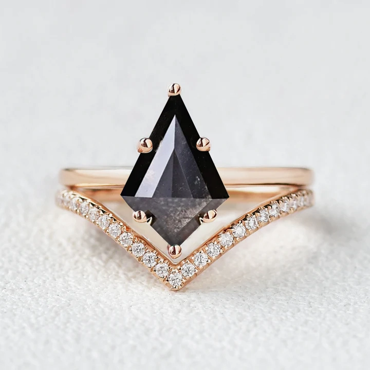 Salt and Pepper Diamonds Chevron Engagement Ring Set 2pcs Classic Look Sturdy Accessory