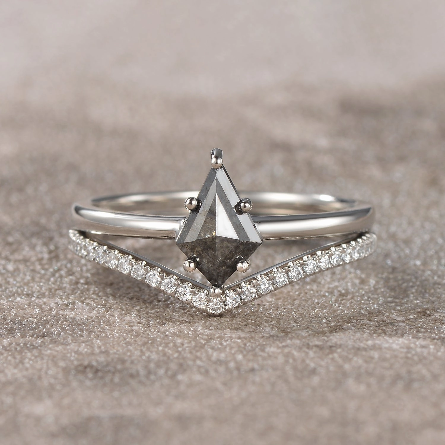 Salt and Pepper Diamonds Chevron Engagement Ring Set 2pcs Bold Statement Cool Spark