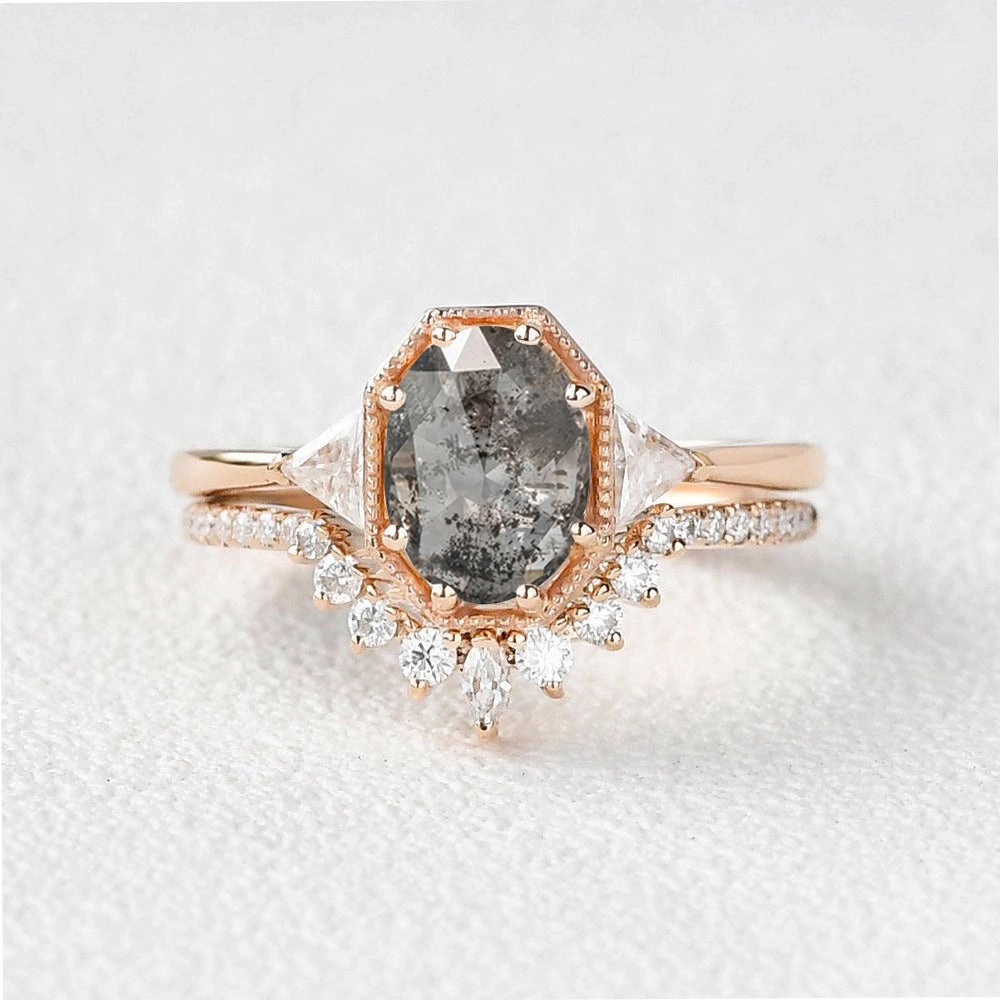 Salt and Pepper Diamonds Engagement Three Stone Engagement Ring Sets 2pcs Lush Accent