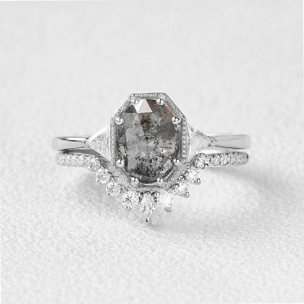 Salt and Pepper Diamonds Engagement Three Stone Engagement Ring Sets 2pcs Festive Set