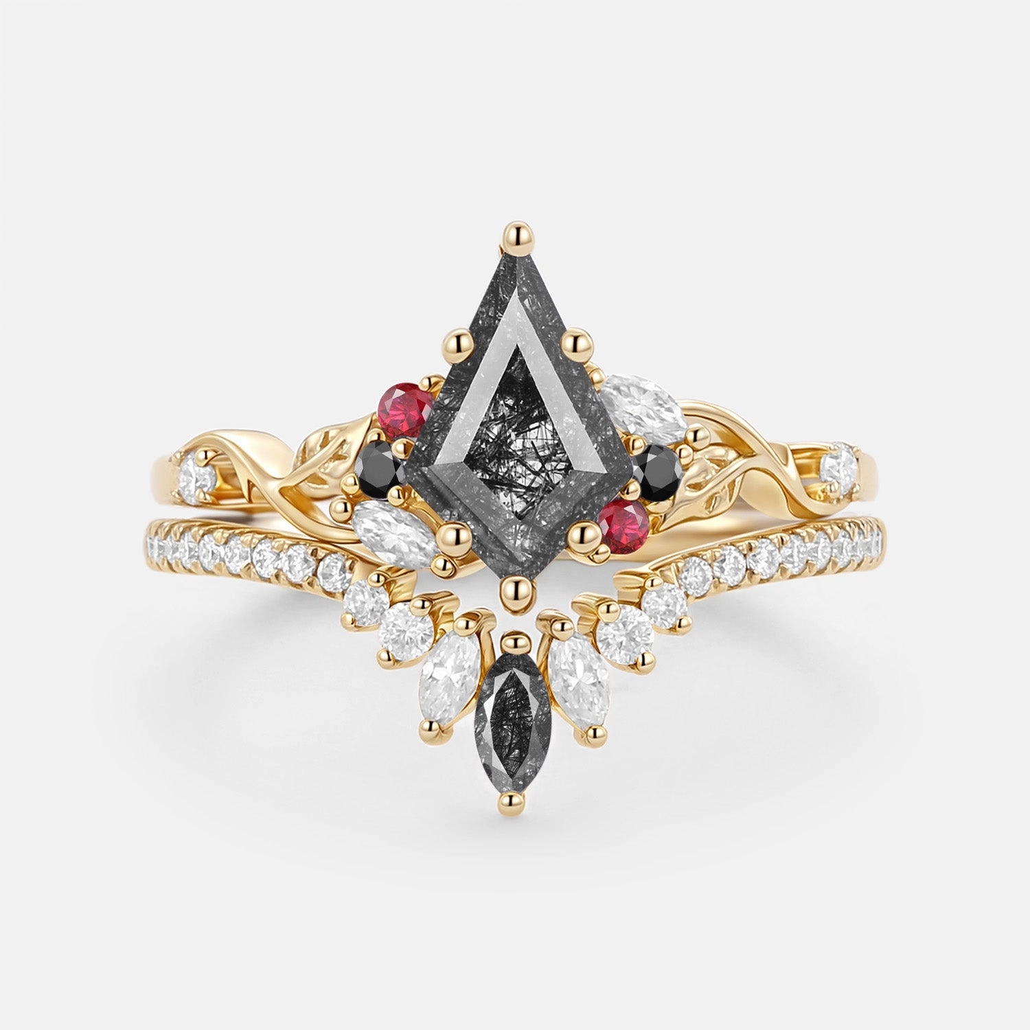 Smart Present Luxurious Feel Kite Cut Black Rutilated Quartz Leafy Engagement Ring Set 2pcs - Elowen