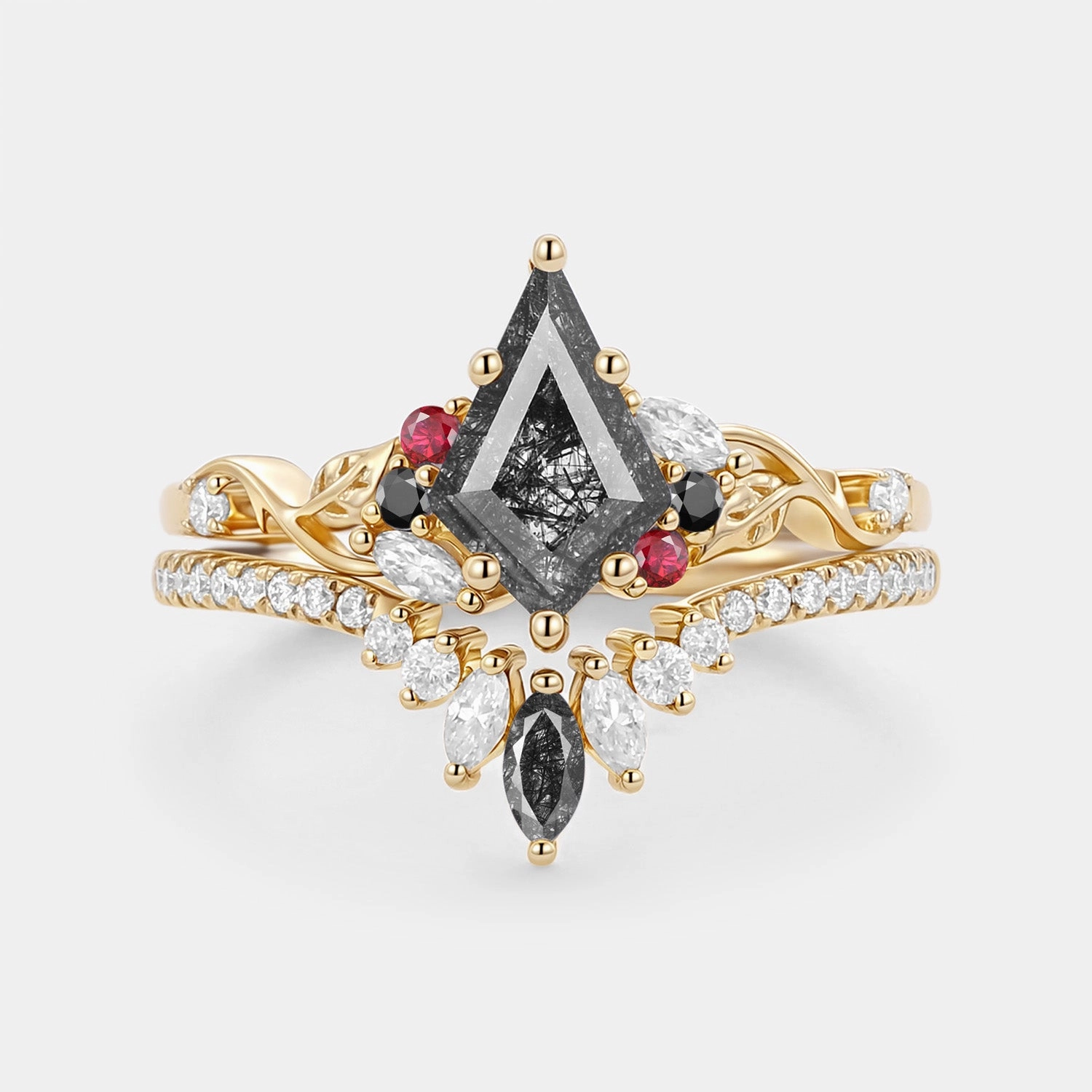 Shiny Style Kite Cut Black Rutilated Quartz Leafy Engagement Ring Set 2pcs - Elowen